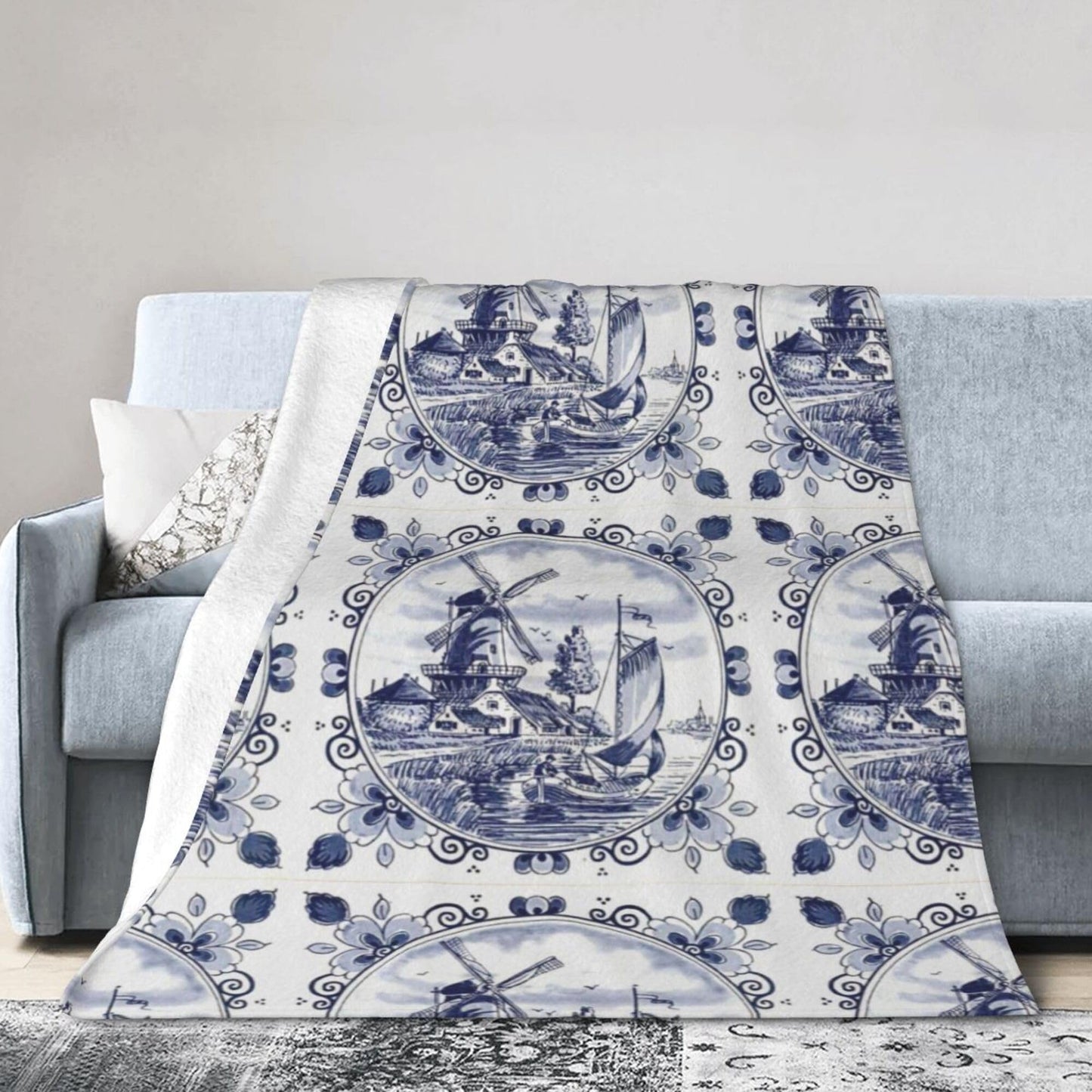 Nederland Cute Vintage Dutch Windmill Delft Blue Blanket Super Soft Flannel Blanket Comfy Cozy Throw Blanket Couch Lightweight Blankets for Living Room Bedroom 80"x60"