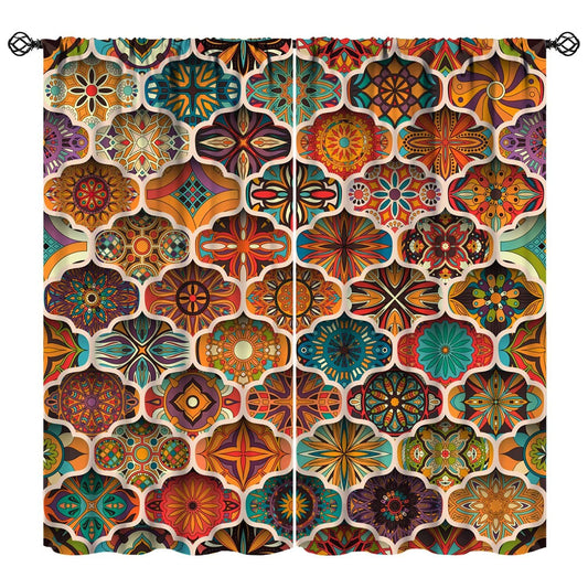 XBDDZSW Boho Patchwork Curtains for Living Room,Indian Bohemian Mandala Colorful Floral Vintage Pattern Print Bedroom Living Room Rod Pocket Window Drapes 2 Panels W42xL45 Inch Decor