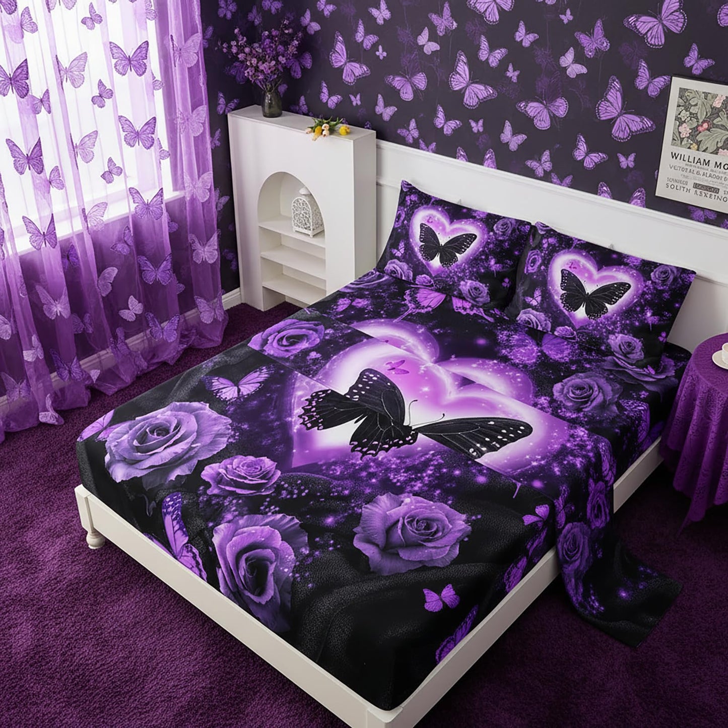 QOOMO Purple Butterfly Kids Sheets Full Size,Rose 16" Deep Pocket Bed Sheet Set,Rose Printed Bedroom Decor Bedding Set Soft and Breathable for Boys/Girls/Kids/Teens