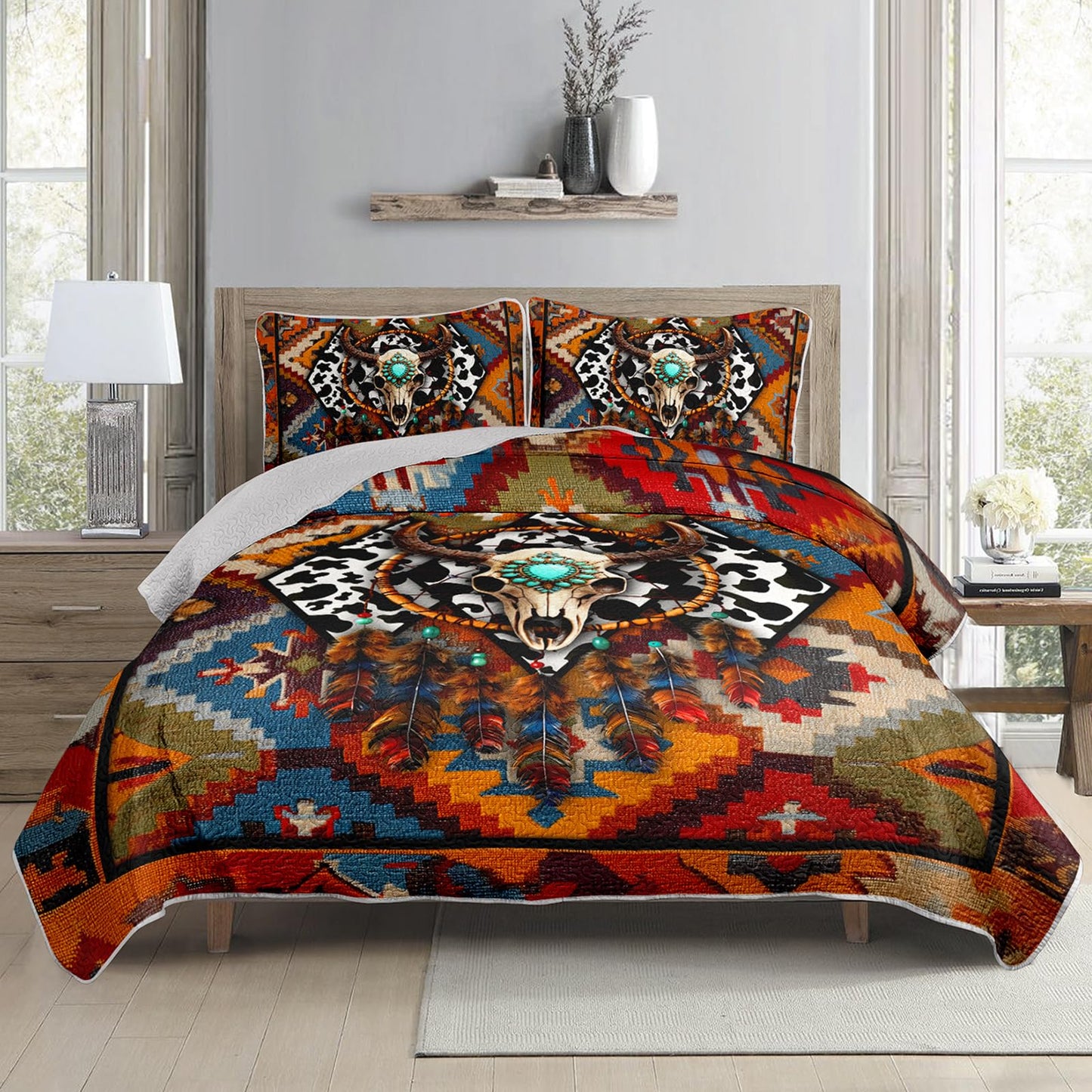 AILONEN Bull Skull Quilt Bedding Set King Size - Dreamcatcher Skull Boho Camo Bedspread Coverlet 3Pcs,Retro Ethnic Quilt,2 Pillowcases