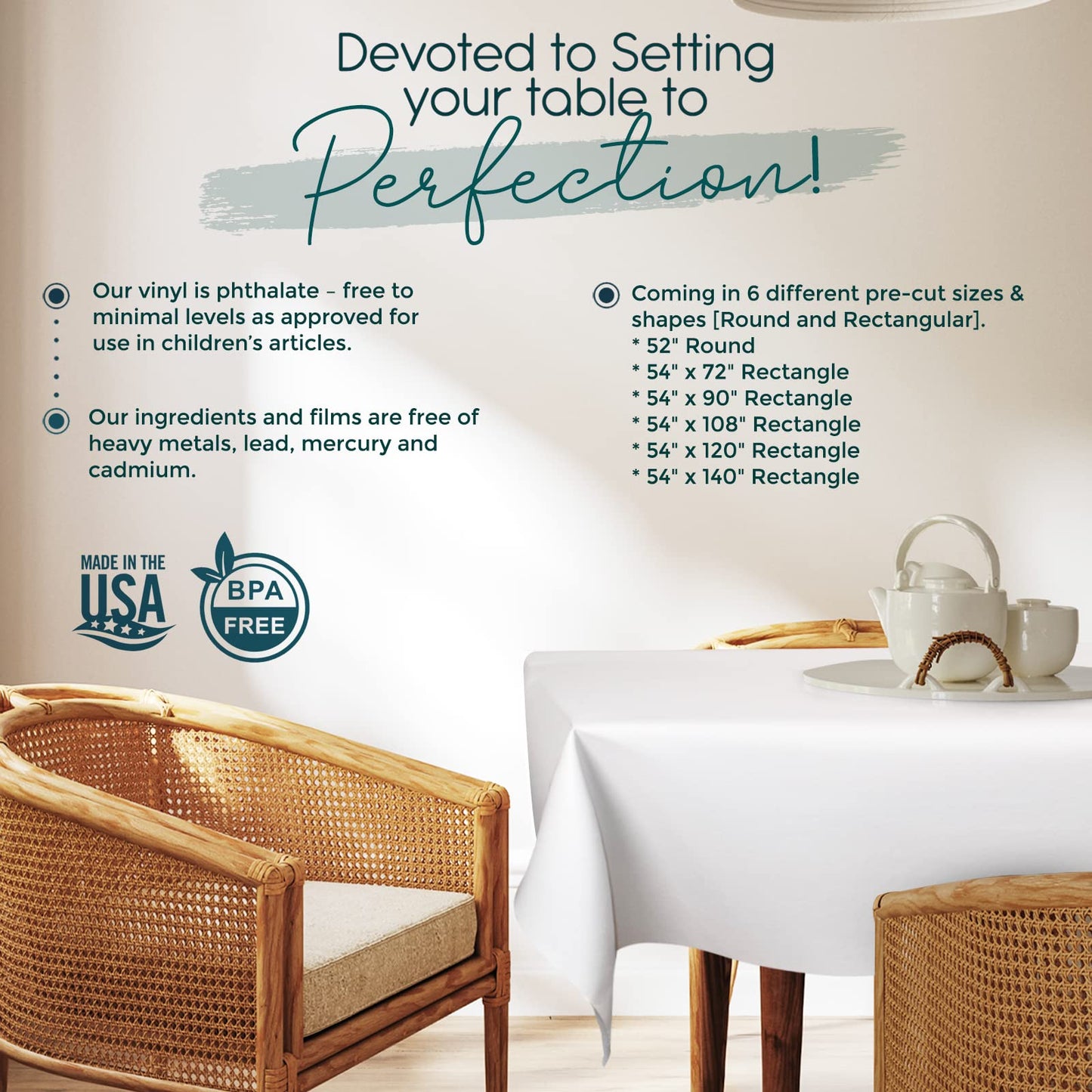 tablecloths by design - Quality Table Pad Protector, Superior Protection from Spills, Scratches & Heat - Reusable Vinyl Table Cloth with Cushion Flannel Backing (108" L x 54" W)