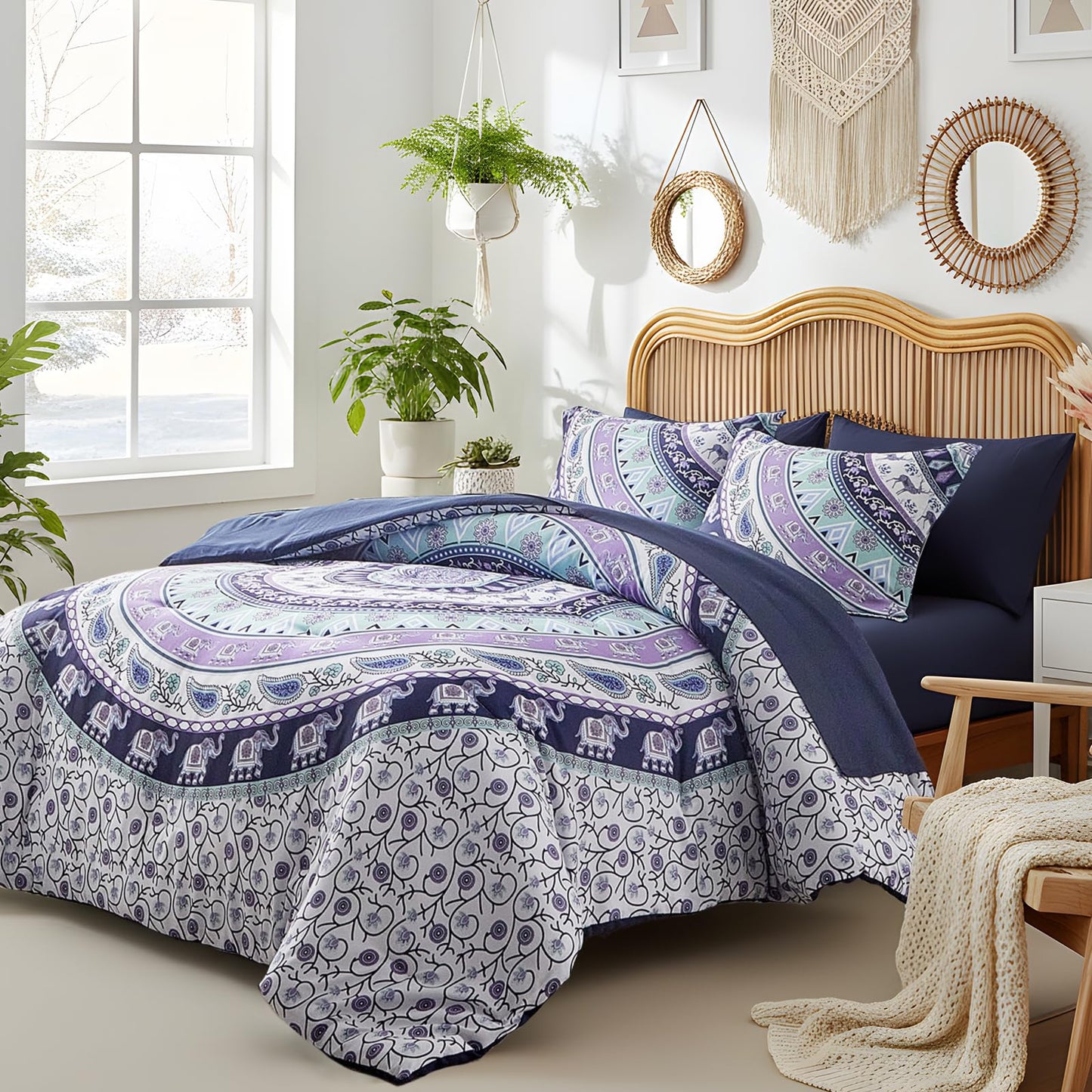 Boho Comforter Sheet Set Bohemian Bed in a Bag Queen Size Bedding Set, Purple Elephant Paisley Circle 7pc Bedding Set (1 Comforter 2 Pillow Shams 1 Pink Flat Sheet 1 Fitted Sheet 2 Pillowcases)