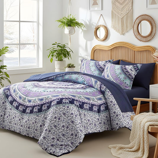 Boho Comforter Sheet Set Bohemian Bed in a Bag Queen Size Bedding Set, Purple Elephant Paisley Circle 7pc Bedding Set (1 Comforter 2 Pillow Shams 1 Pink Flat Sheet 1 Fitted Sheet 2 Pillowcases)