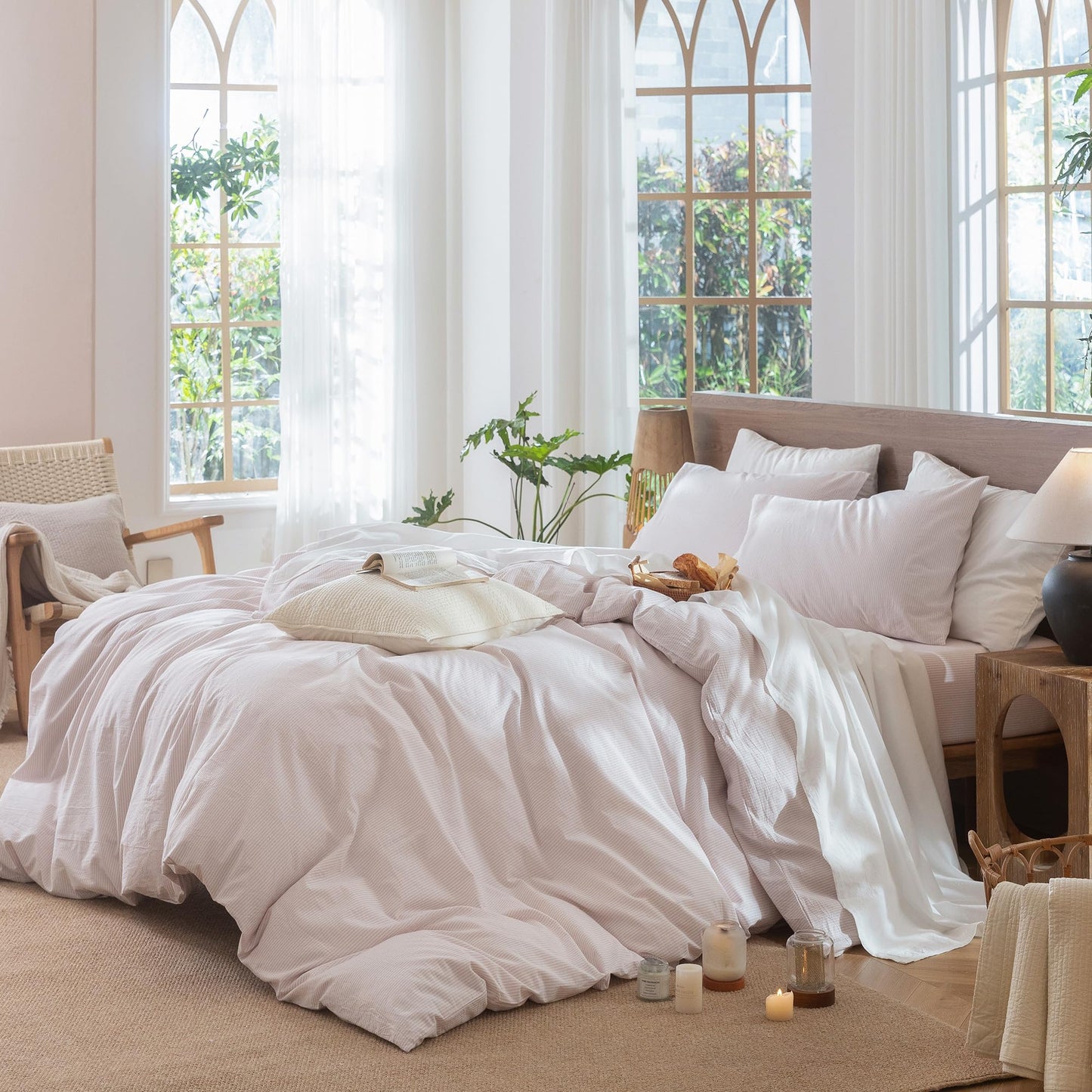 MooMee Striped Duvet Cover Set 100% Washed Cotton Linen Like Textured Breathable Durable Soft Comfy (Heathered Greyish Pink Pinstripes, Queen 90"x90")