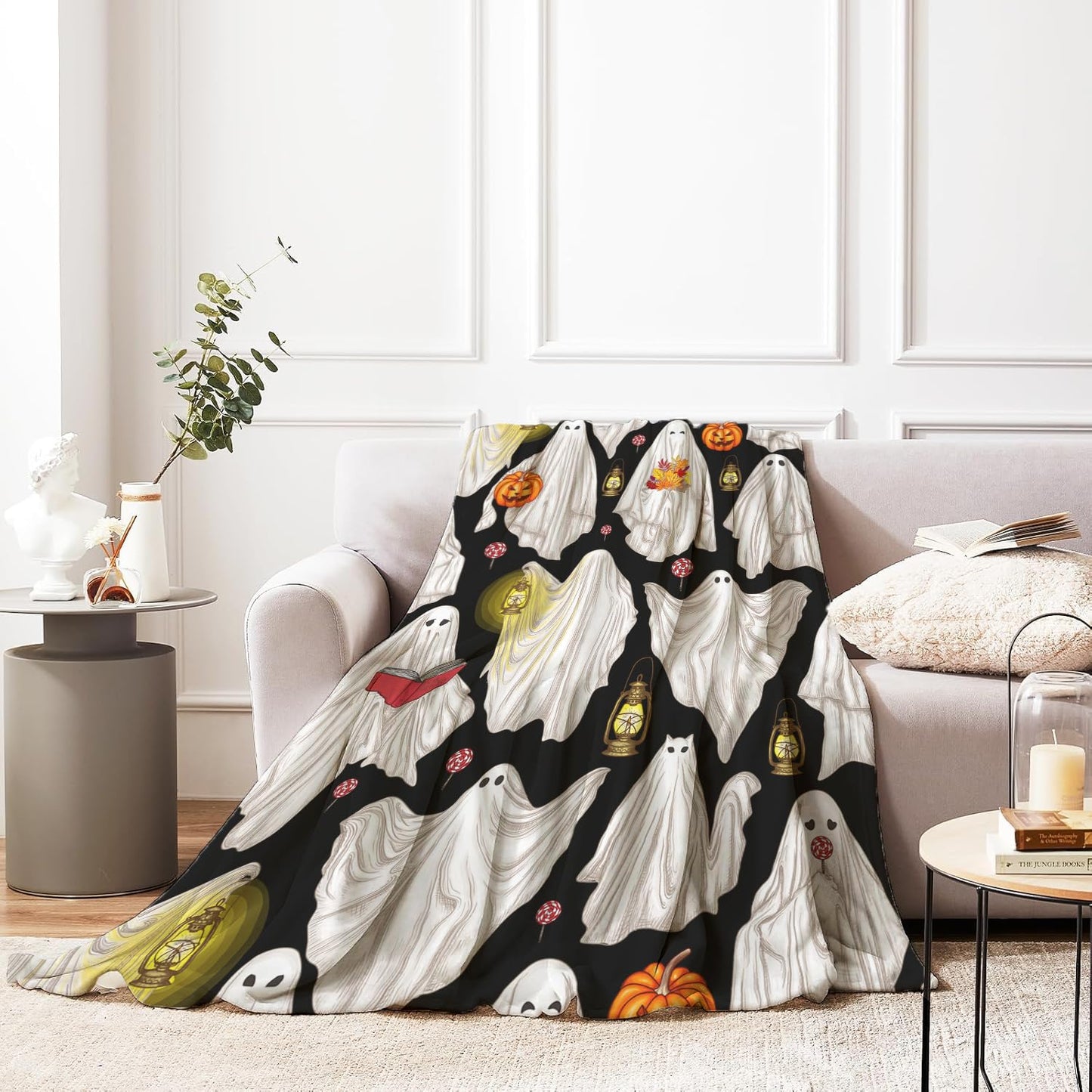 Home Decor Throw Blanket, Halloween Ghosts Warm Soft Cozy Flannel Bed Blankets for Bed, Couch, Sofa and Chair, All Seasons Suitable, 60x50 inches