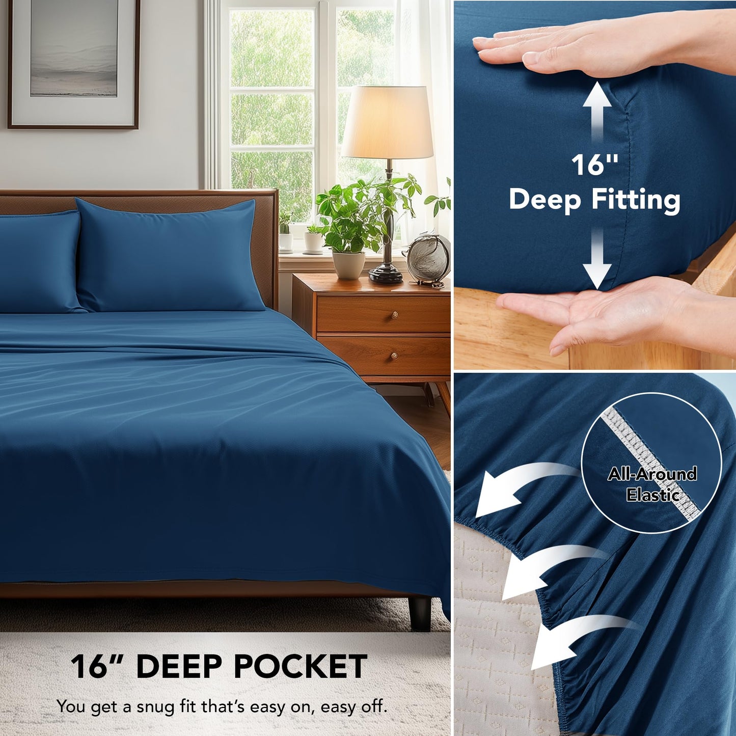 Deconovo Queen Sheet Set 4 Piece - Navy Blue Brushed Microfiber Bed Sheets, 16 Inch Deep Pocket Fitted Sheet, Flat Sheet & 2 Pillowcases, Soft Wrinkle Resistant Bedding