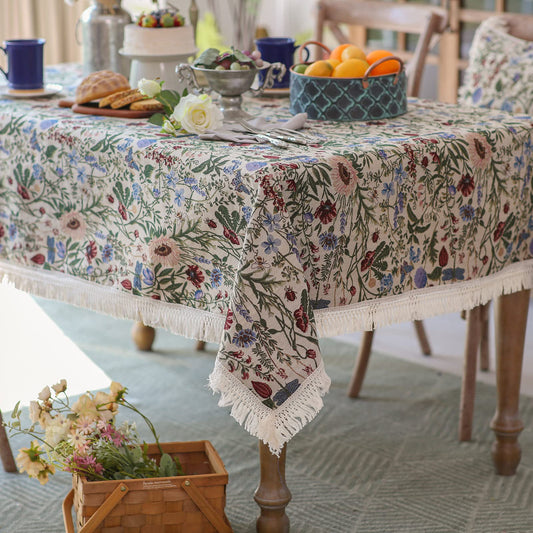 SUTAVIA French Floral Tablecloth Hand-Made Cotton Fabric with Lace Vintage Berry Garden Pattern Tabletop Sofa Cover Blanket for Home Holiday Party Decor (Red Floral, Rectangle, 60"x84")