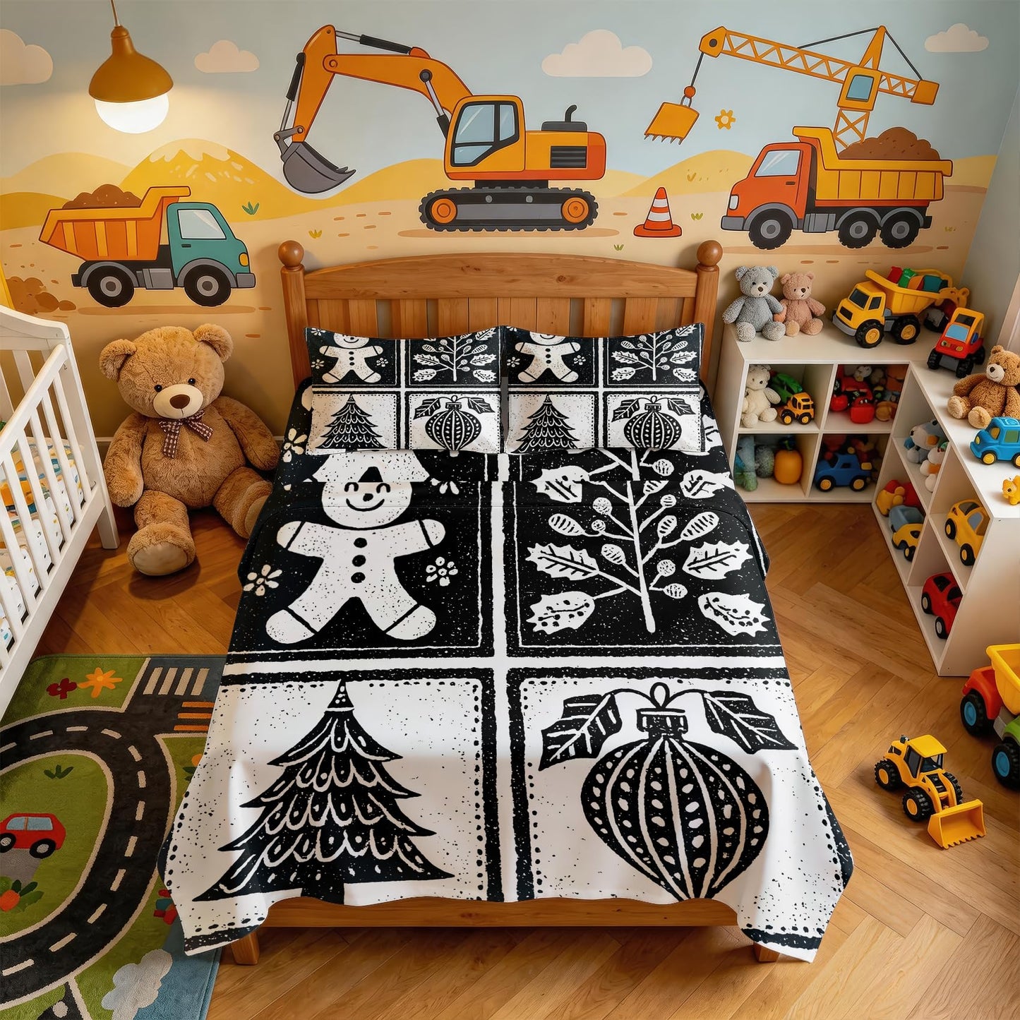 Gingerbread Man Sheet Set, 3 Pcs Twin Size Xmas Bed Sheets, Black White