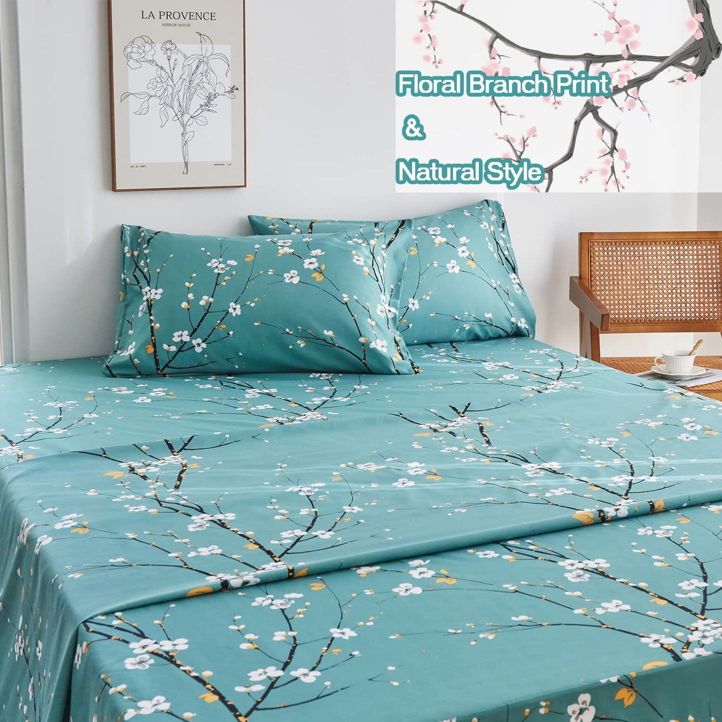 ZRNBAST Teal Sheet Set 4 Pcs King Sheet Set Floral Print Flat Sheet Fitted Sheet Farmhouse Style Chic Bedding Sheets Easy Fit Microfiber Sheets-All Seasons (Teal, King)