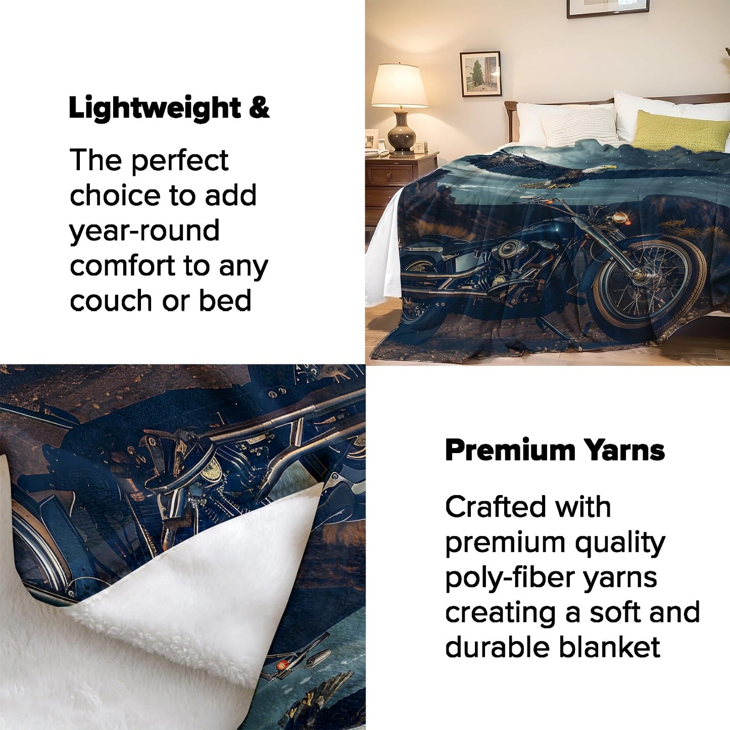 Freedom Ride Motorcycle Throw Blanket for Adults Kids, 50x60 in, Bald Eagle Theme Flannel Blankets for Bedroom, Couch, Travel, Home Decor, Fuzzy Soft Cozy Warm Gifts