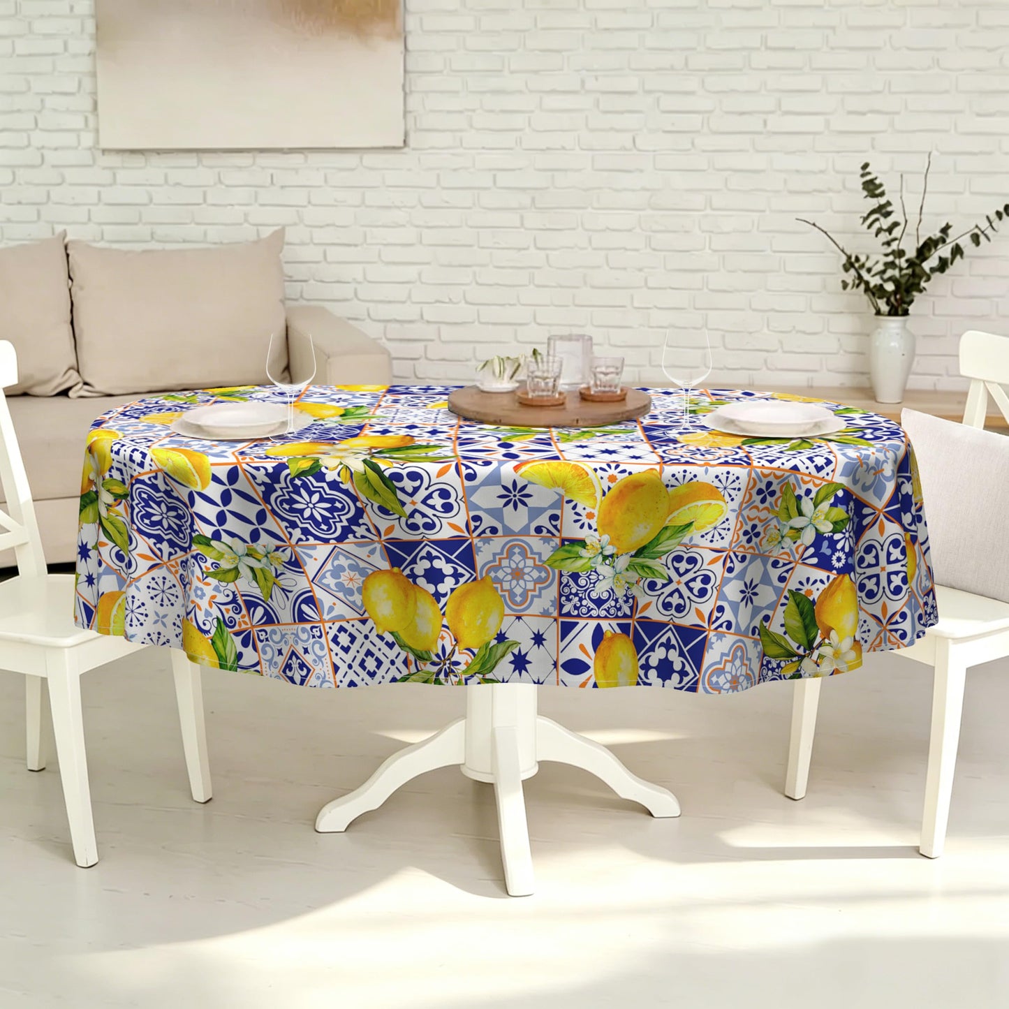 Oval French Lemon 60x84inch, Lemon Blossom Spring Summer Tablecloth, Country Farmhouse Waterproof Wrinkle Resistant Washable Tablecloth for Indoor and Outdoor, Holiday Kitchen Restaurant and Party