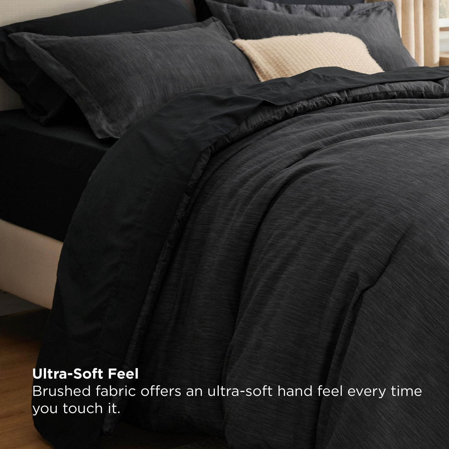 Bedsure Queen Comforter Set Black - Bed in a Bag Queen Size Bedding 7 Pieces, Cationic Dyed Bed Set Gift for Family, Black Soft Bedding for All Seasons Comforter with Sheets, Pillowcases & Shams