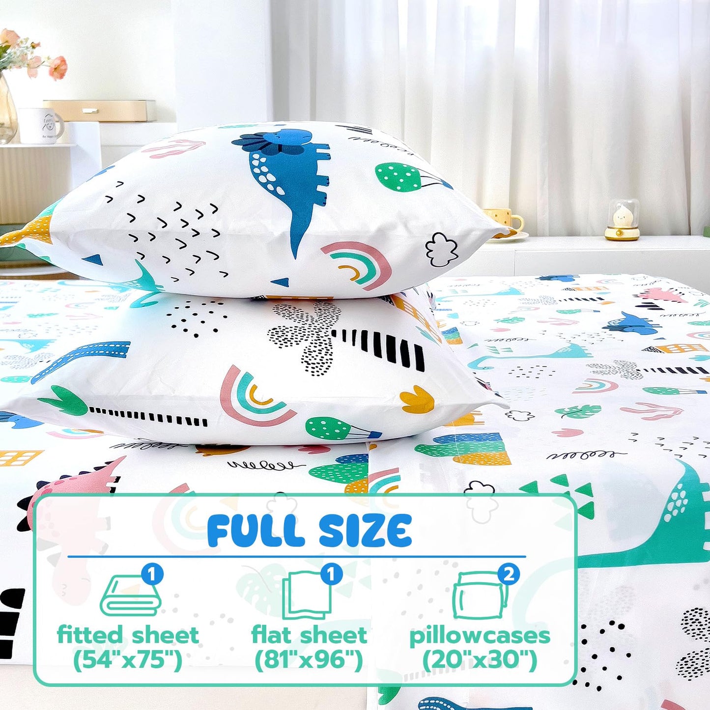 Homilay Full Sheet Set Kids - Dinosaur 4 Pieces Soft Microfiber Cartoon Style Bedsheets for Boys Girls Teens, Oeko TEX Breathable 15 Inch Deep Pocket Sheets(Jurassic Period)