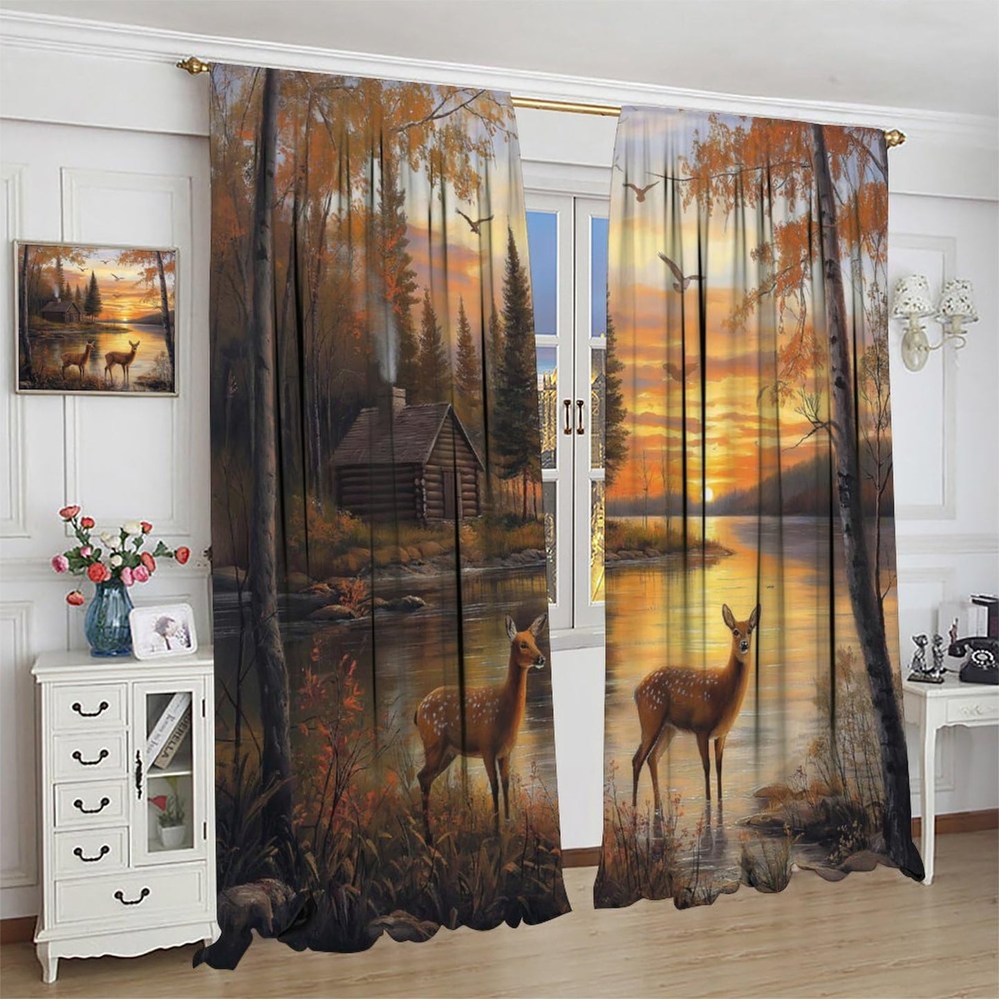 LOMADIA Wildlife Deer Blackout Curtains, Rustic Forest Sunset Lake Farmhouse Animal River Elk Pattern Drapes Home Window Treatments Curtain for Kitchen Bedroom Living Room Decor 42" W x 45" L