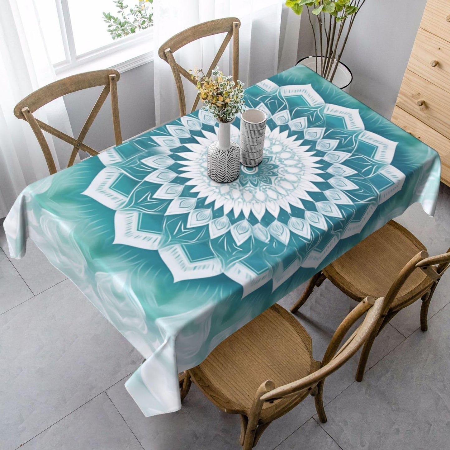 mutakin Blue Mandala Flower Rectangle Tablecloth Washable Table Cloth 60x90 Inch Table Cover Waterproof for Decoration Kitchen Dining Room