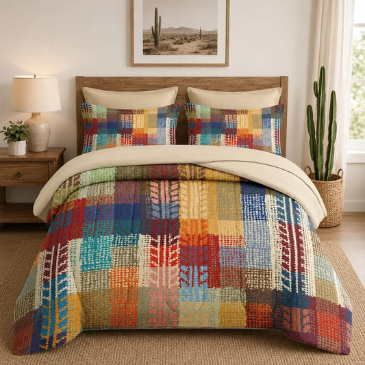 Nesker Comforter Set Queen Size, Boho Vintage Geometric 7 Pcs Bedding for Kids and Adults, Painting Colorful African Bed Sheet Sets with Fitted Sheet 2 Pillowcases & 2 Shams