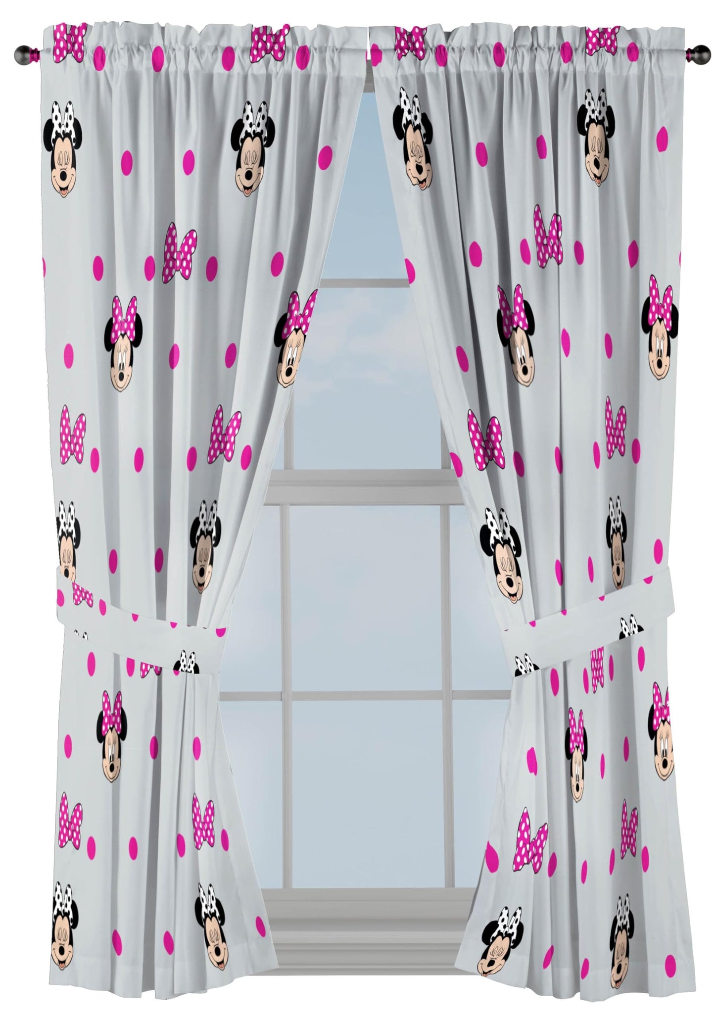 Jay Franco Black Out Window Curtains for Kids Bedroom 4-Piece Drape Set with 2 Tiebacks, Grey - Minnie Mouse, 42" W x 63" L (Pack of 2)