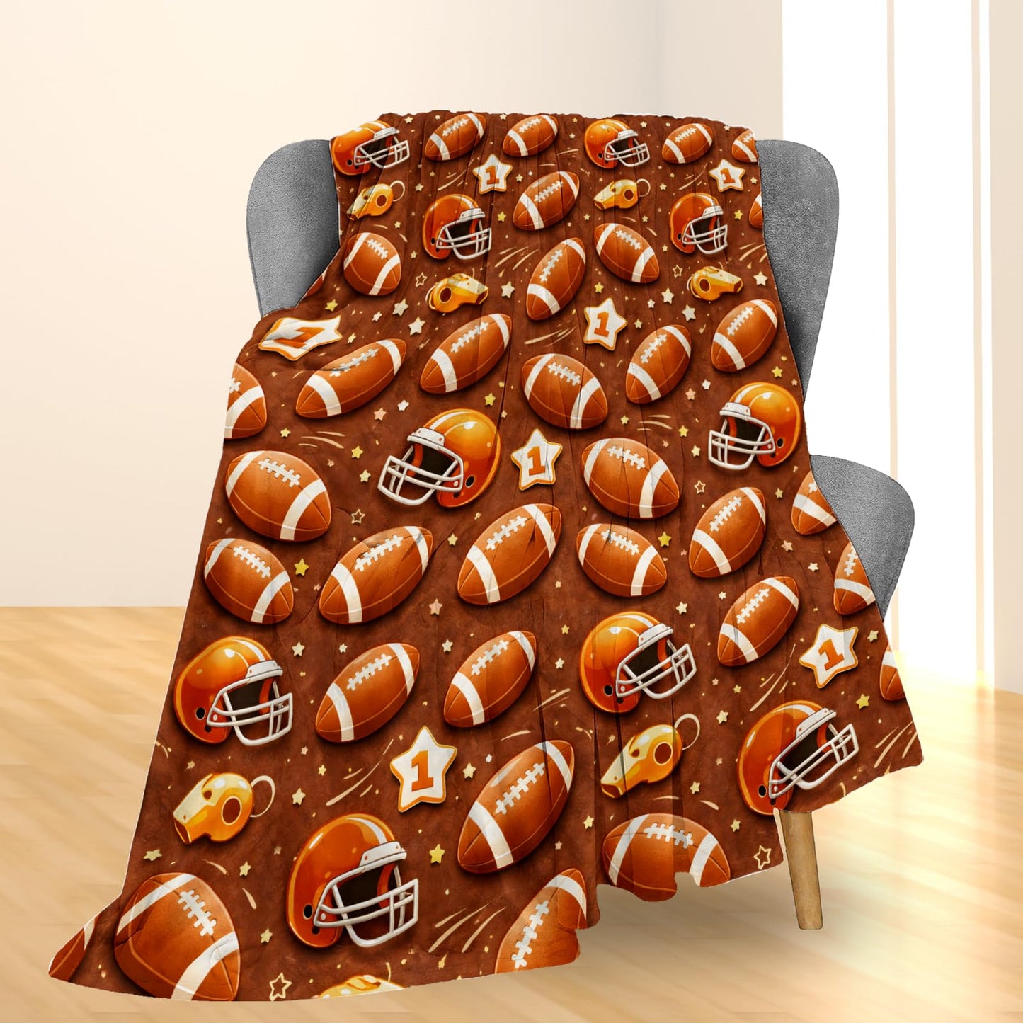 Ti Caldi Cute Football Blanket Gifts, Helmets Whistles and Stars Flannel Throw Blanket for Couch, Bed, Travel & Home Decor, Cozy Lightweight Fuzzy Warm Sports Blankets for Kids Boys Men 60×50 in