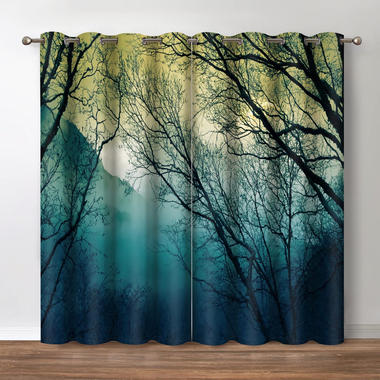 Jekeno Forest Blackout Curtains - Foggy Misty Mountains Woodsy Tree Woodland Shrub Jungle Nature Scenery Grommet Drapes Decor Bedroom Living Room Darkening Window Treatments 2 Panels Set, 52" x 84"