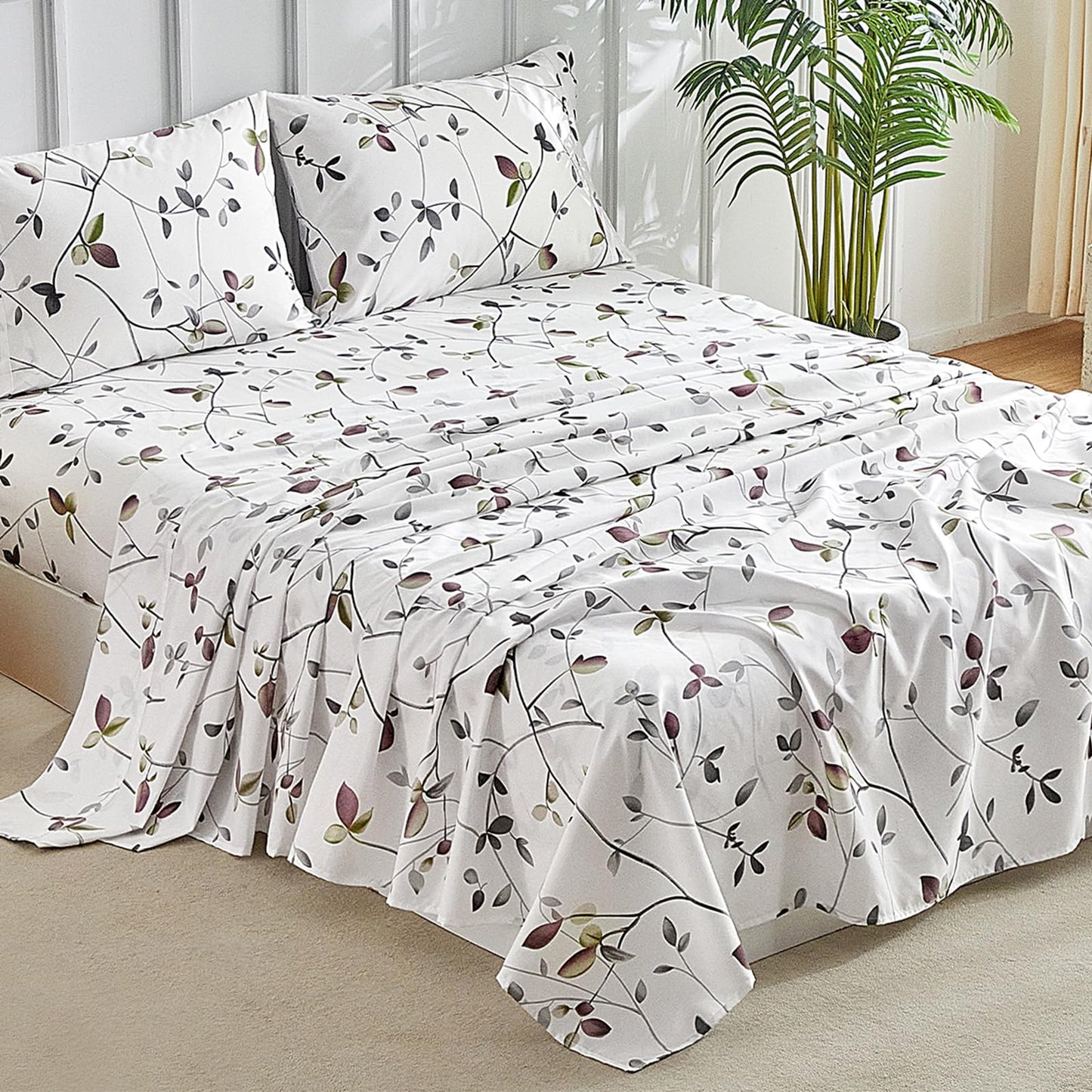 Tokokimo Floral Sheets Set King Size, 16 inches Deep Pocket Fitted Sheet, Flat Sheet & Envelope Closure Pillowcases, Soft Breathable Microfiber Sheet Set 4-Piece, White Leaf Floral