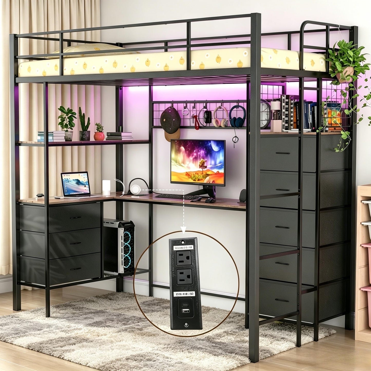 Godchoices Twin Size Loft Bed with L-Shaped Desk and 8 Storage Drawers, Metal Bunk Bed Frame with LED Lights,Power Outlet and 3 Storage Shelves,Twin Loft Bed with Safety Guardrail & Ladder (Black)