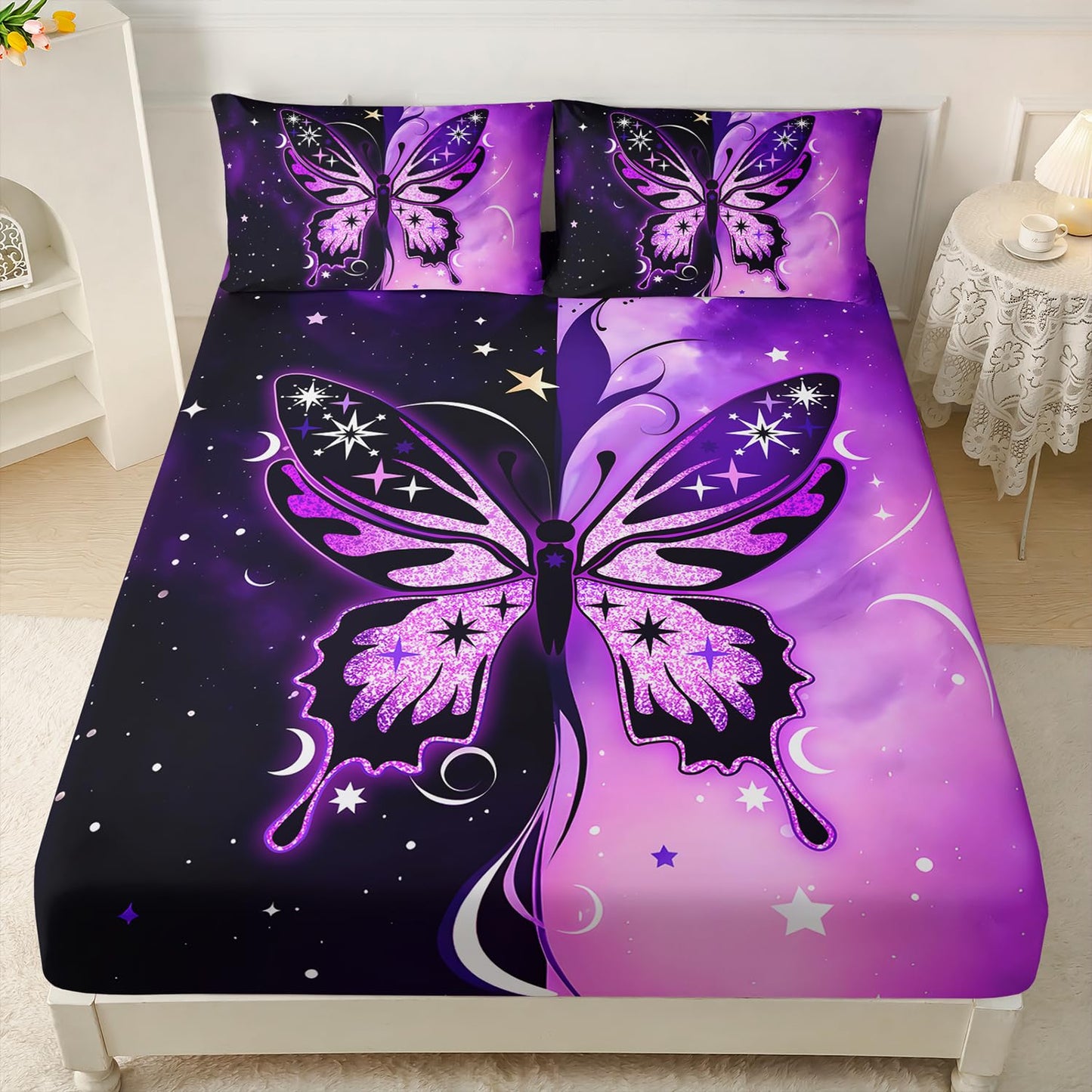 HOSIMA Butterfly Twin Bedding Sets for Girls Room Decor,Symmetrical Aesthetics Butterfly Fitted Sheet,Black Purple Background Print Animal Bedding with Stars Pattern,1 Fitted Sheet+2 Pillowcases.