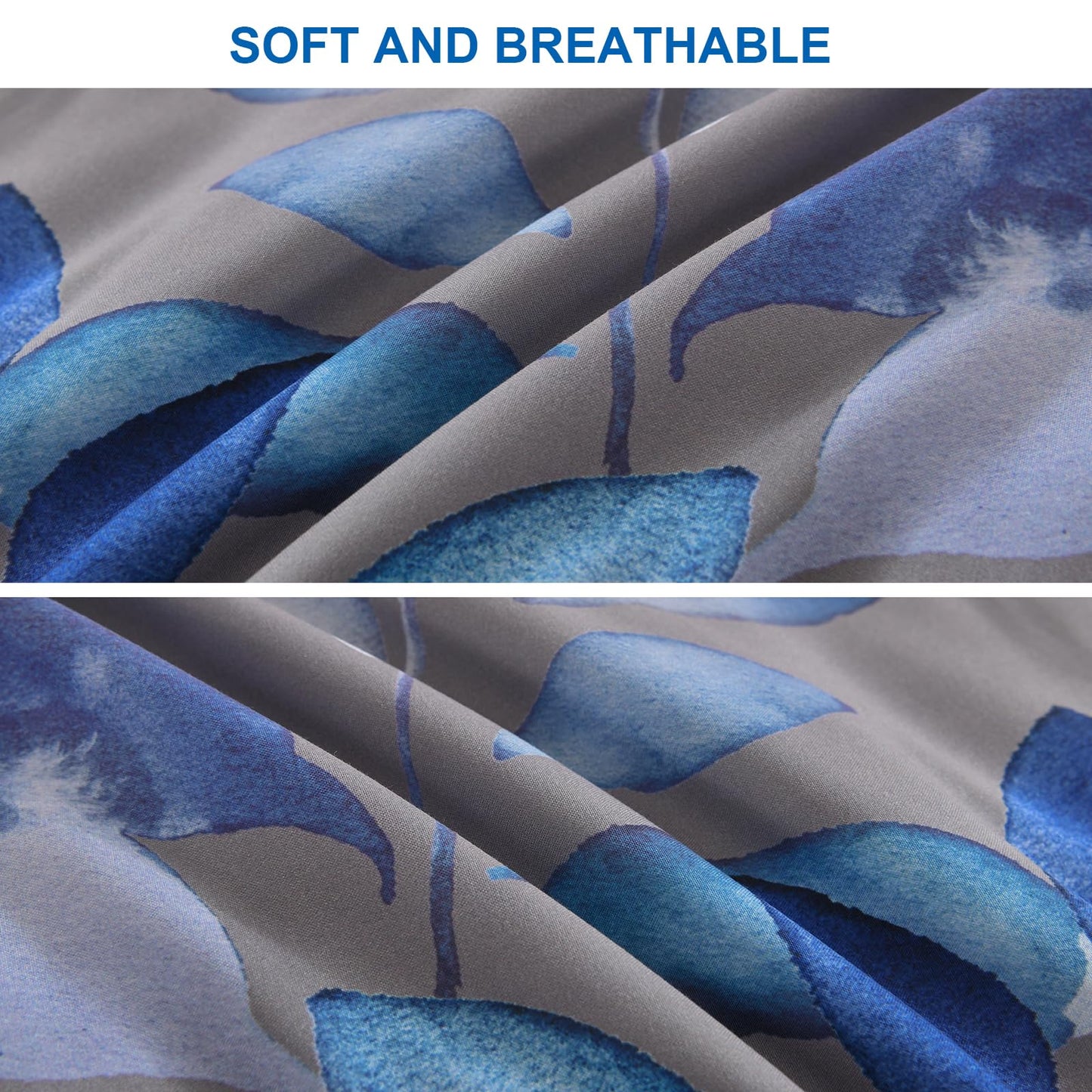 DJY King Size Comforter Set, Dark Grey Botanical Leaves Comforter Set King, 3 Pieces Reversible Blue Floral Bed Comforter Sets Soft Microfiber Bedding Comforter Set for All Season (90"x104")