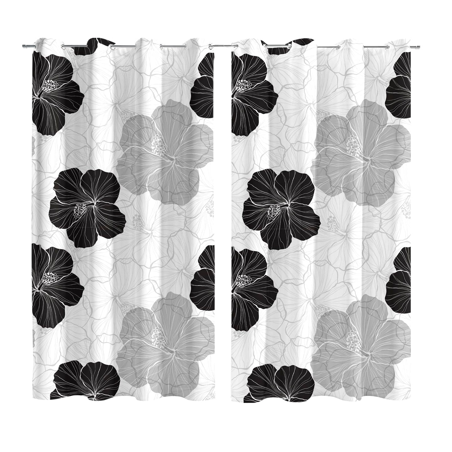 LADYVOGUE 100% Blackout Curtains 2 Panels Set Black White Grey Floral Black Out Curtain Gray Flower Chic Thermal Insulated Window Treatments Decor for Living Room Bedroom Darkening Curtain 52x84 Inch
