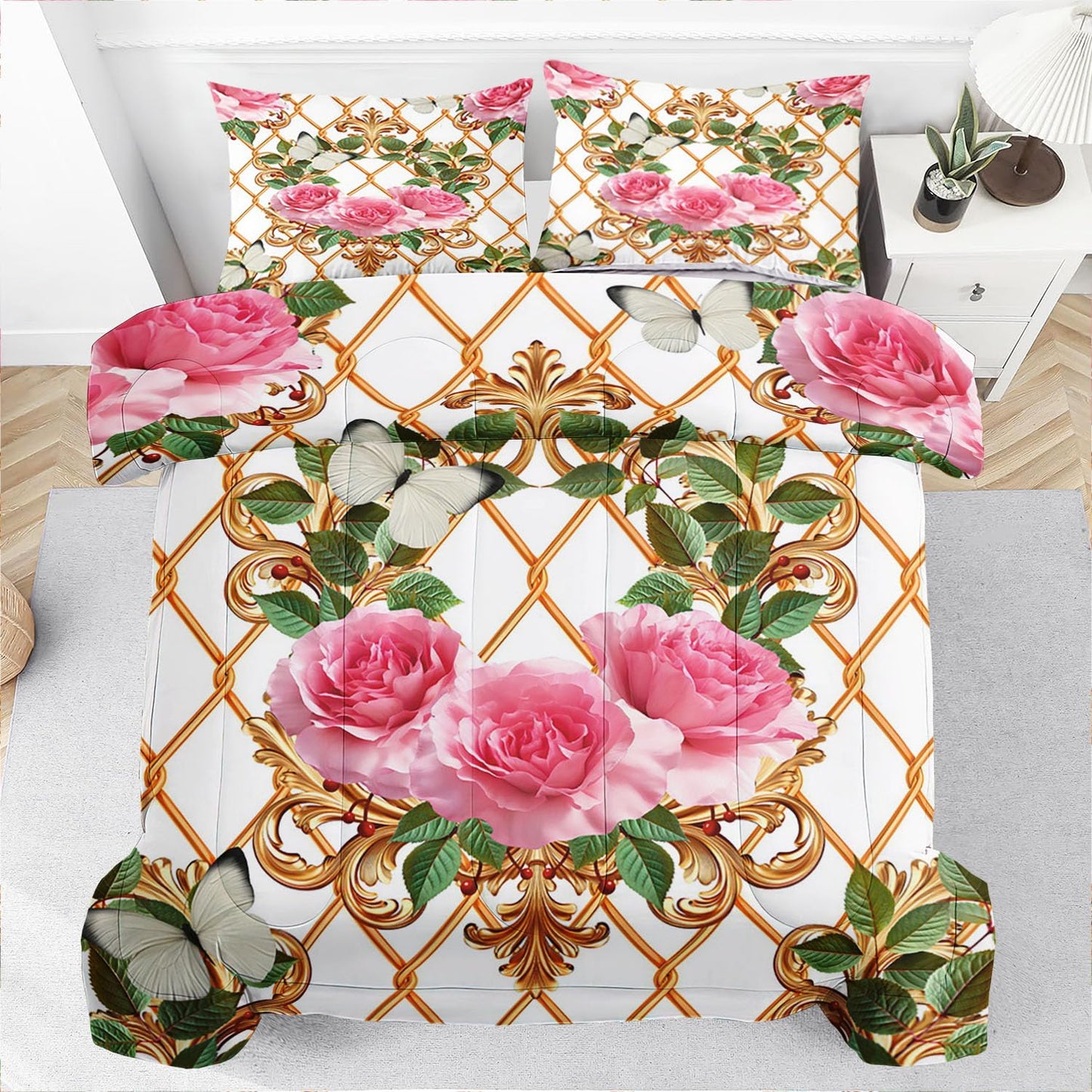 Raphus cucullatus Floral Comforter Set Twin Size,Pink Flower Bedding Set,Flower Quilt Twin Size,Botanical Rose Bedding Pretty Floral Comforter Set