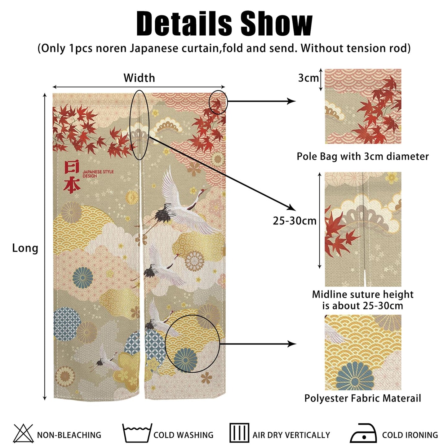 XMJJKUF Long Style Japanese Noren Doorway Curtain Japanese Doorway Curtain Feng Shui Window Treatment Cranes Printed Door Tapestry Polyester for Room Divider Kitchen Home Decor,33.5"x 70.9"