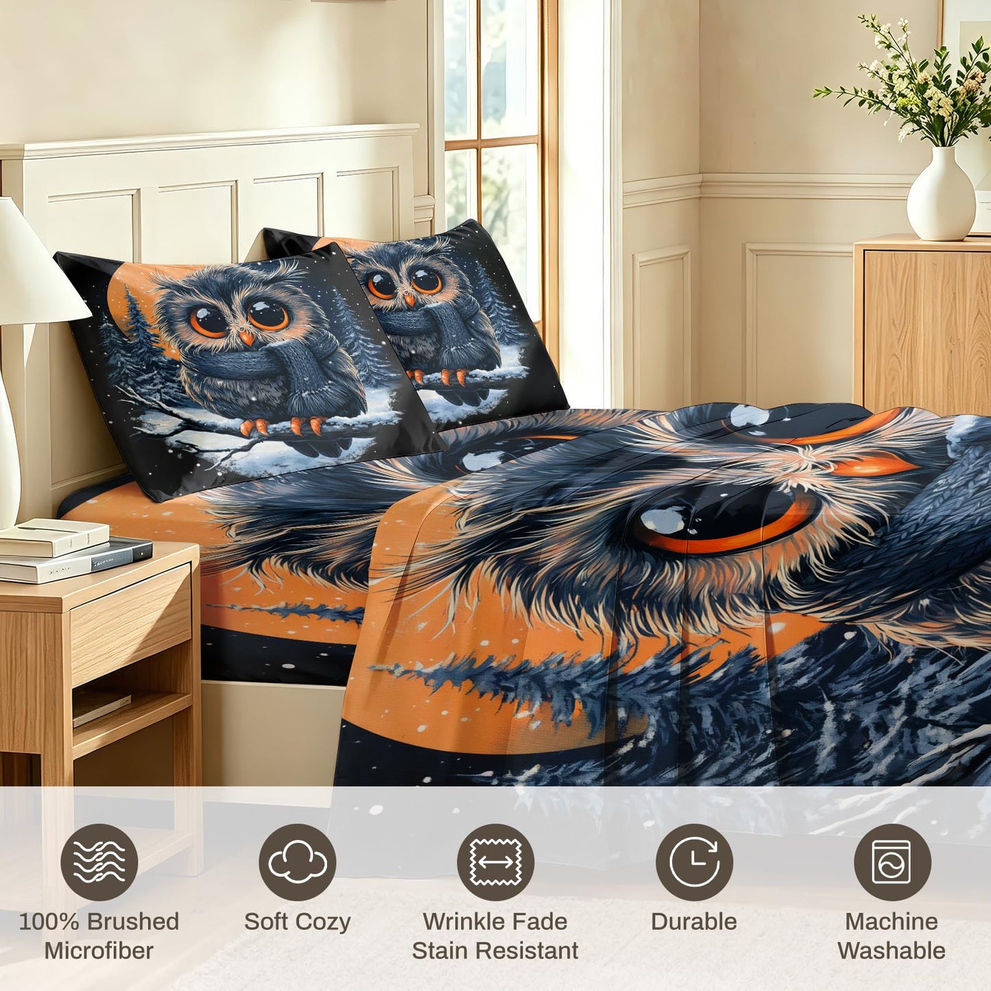 Owl Sheet Set, 4 Pcs Queen Size Kids Forest Animal Bed Sheets