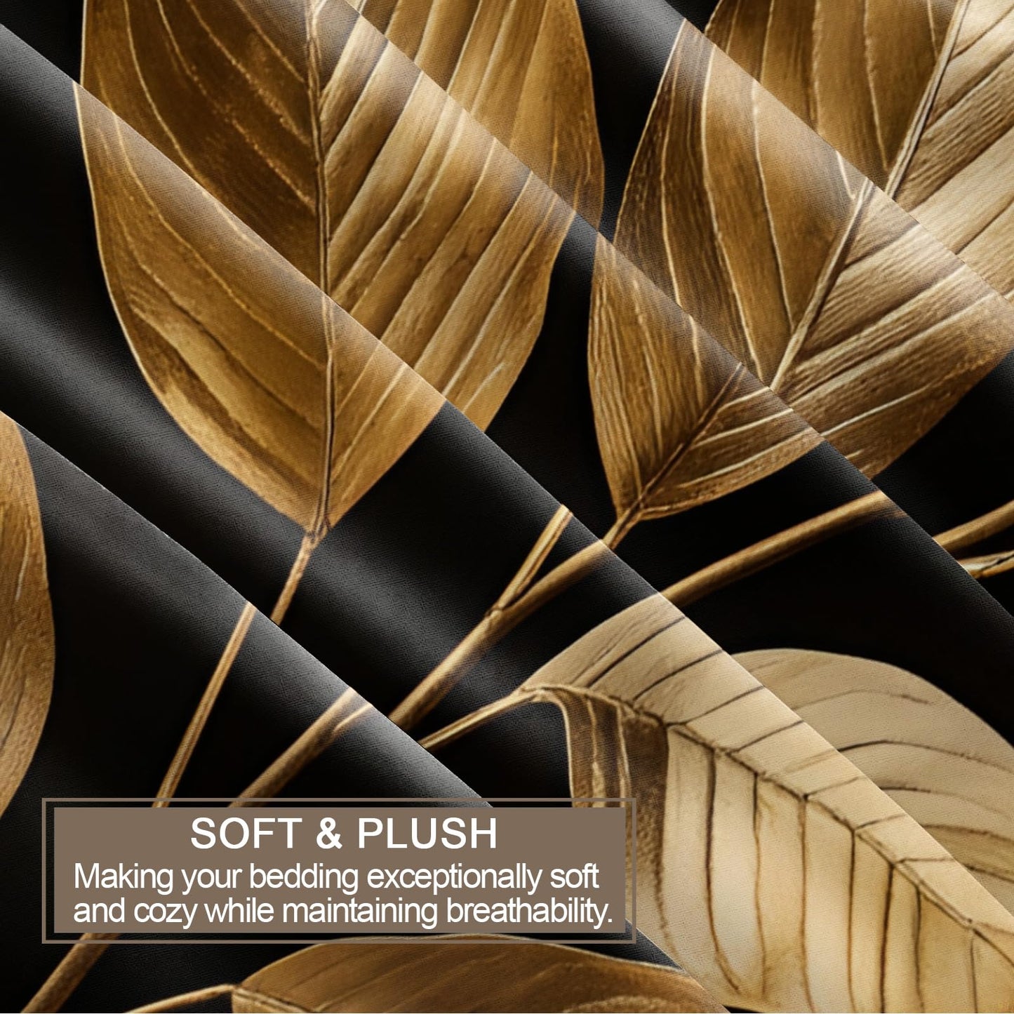 QINYUN Gold Leaves Duvet Cover King Size, Gold Tropical Leaves Bedding Set 3 Piece Bedroom Decor Modern Black Comforter Cover with Zipper Ties & 2 Pillowcases