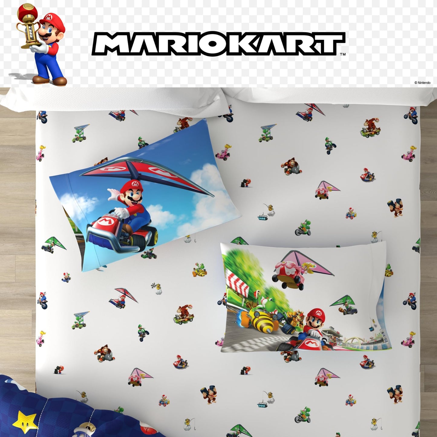 Super Mario Kart Game Kids Bedding Set, Twin Size, 4-Piece Super Soft Cozy Reversible Comforter & Sheet Set (Officially Licensed Product) by Franco