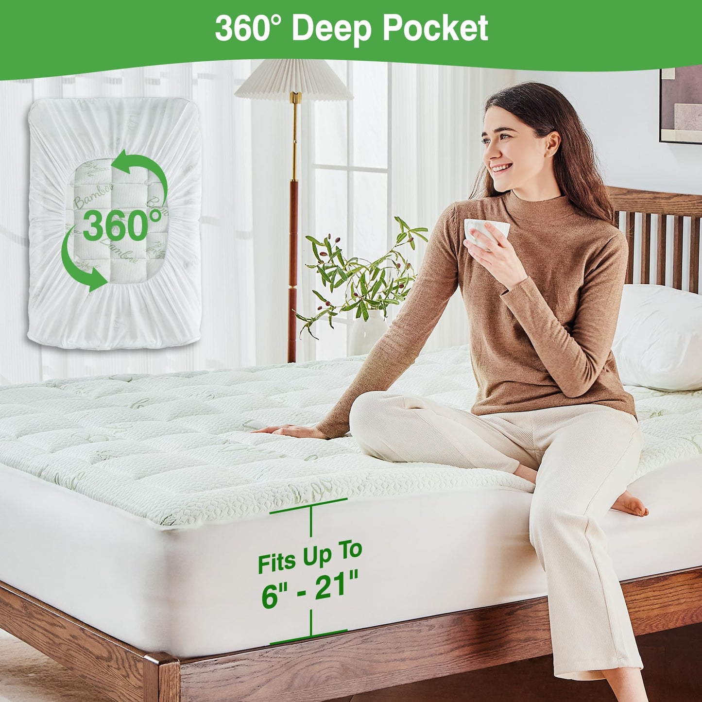 KUTUU Queen Mattress Pad Cover, Viscose Made from Bamboo Pillow Top Cooling Mattress Topper for Queen Size Bed, 6-21 inches Deep Pocket, 60x80 inches