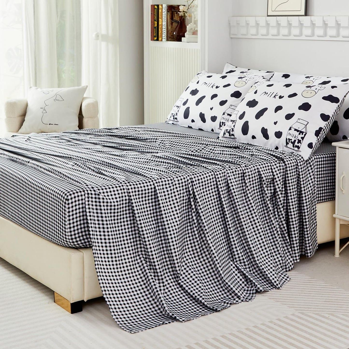 SUCSES Full Size Comforter Set with Sheets 8 Piece Cow Print Bedding Set for Boys Girls Black and White Kids Bed-in-A-Bag Farmhouse Rustic Bed Set for Bedroom (Milk Cow, Full)