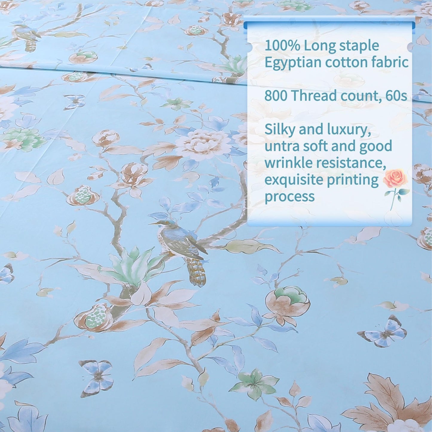 RYNGHIPY Egyptian Cotton Bed Sheet Set Blue Bird Botanical Pattern Bed Sheets Deep Pocket Fitted Sheet Tree Branches Print Bedding Soft Breathable (Light Blue,Queen Size)