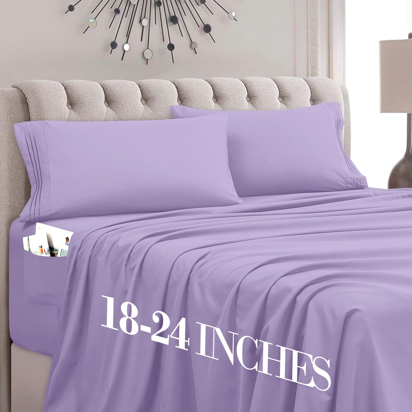 Mocassi Full Size 4-Piece Bed Sheet Set - 1800 Premium Hotel Quality Microfiber 18-24 Inches Extra Deep Pocket Fitted Sheet- Luxury Soft, Breathable, Wrinkle, and Fade Resistant, Lavender