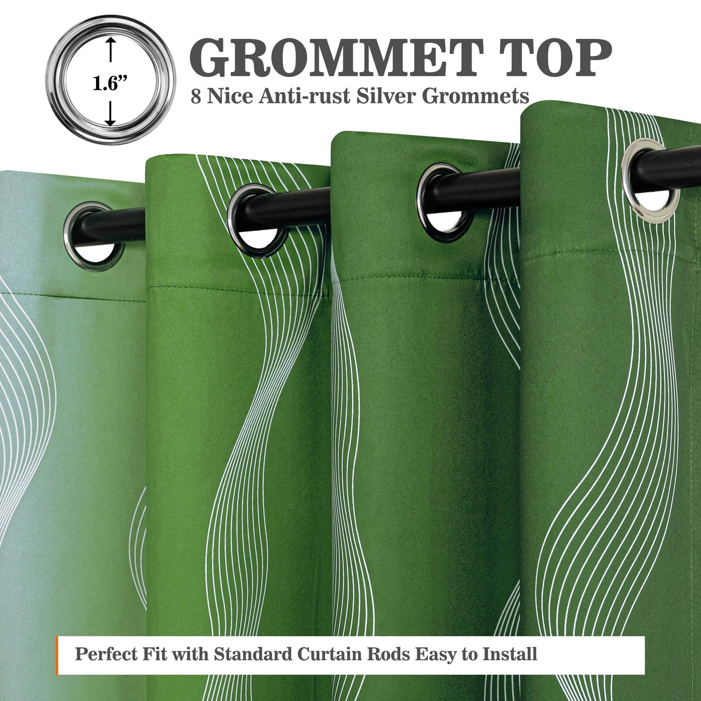 MYSKY HOME Green and Greyish White 95% Blackout Ombre Curtains 84 inch Long 2 Panels for Living Room Bedroom Geometric Patterned Black Out Thermal Insulated Wave Line Foil Grommet Drapes, 52" W