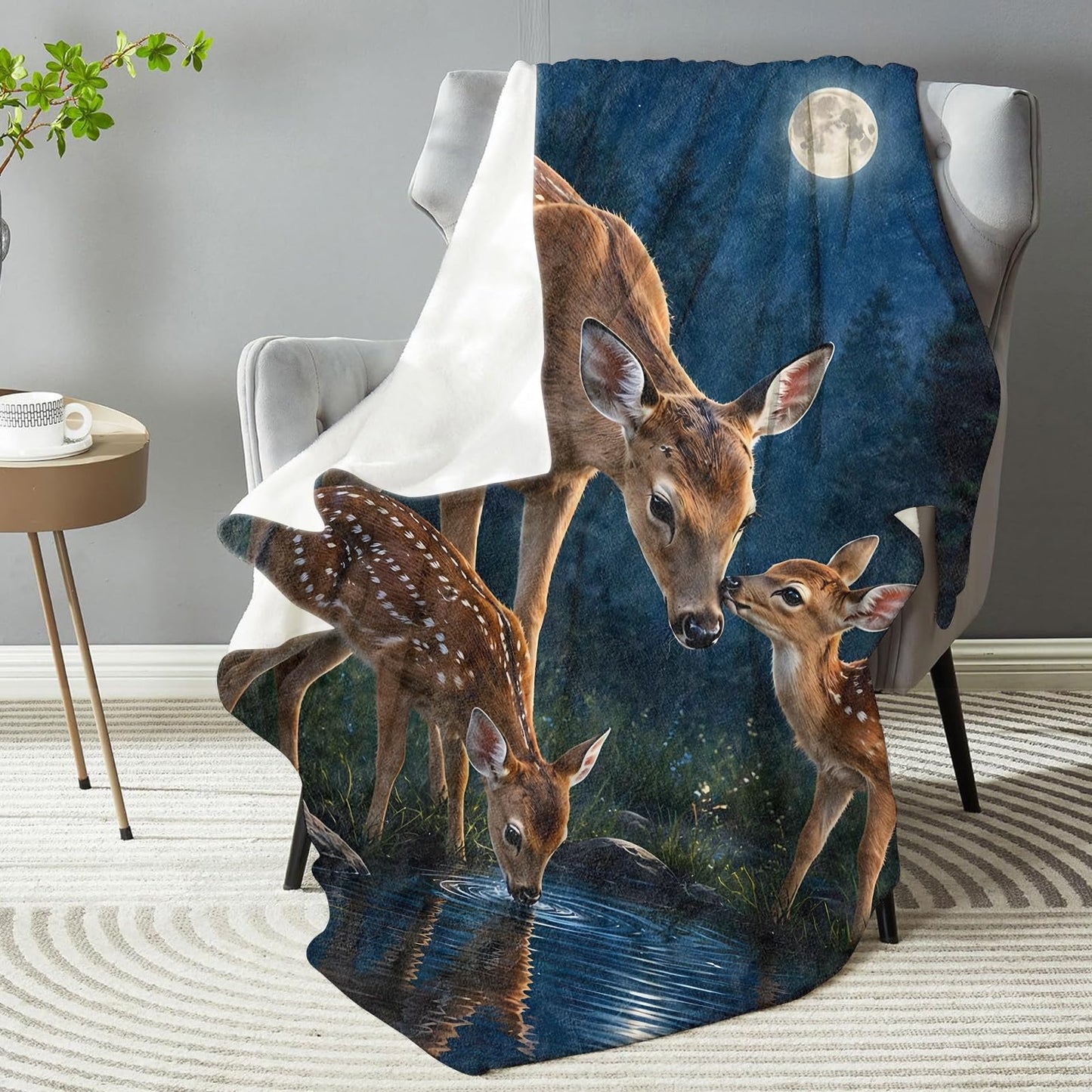dhakalrlde Serene Deer Family Blanket, Soft Moonlit Forest Wildlife Throw Blanket Gifts for Women Kids, Lightweight Warm Cozy 60×50 inch Flannel for Couch, Travel, Bed, Decor