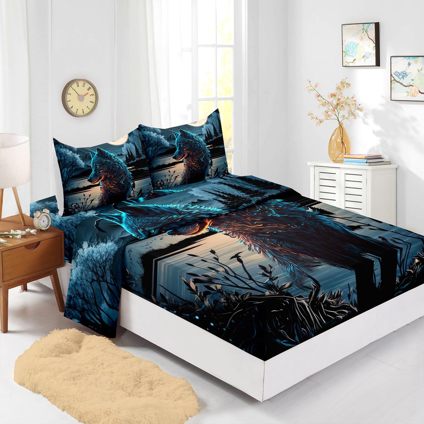 Nttopship Moon Wolf 4 Pieces Bed Sheet Sets Full Size Moon and Cartoon Wolves Bedding Sets with 16" Deep Pockets Wild Animal Printed Bedroom Decor,Bedding Set 4 PCS(1 Fitted+1 Flat+2 Pillowcases)