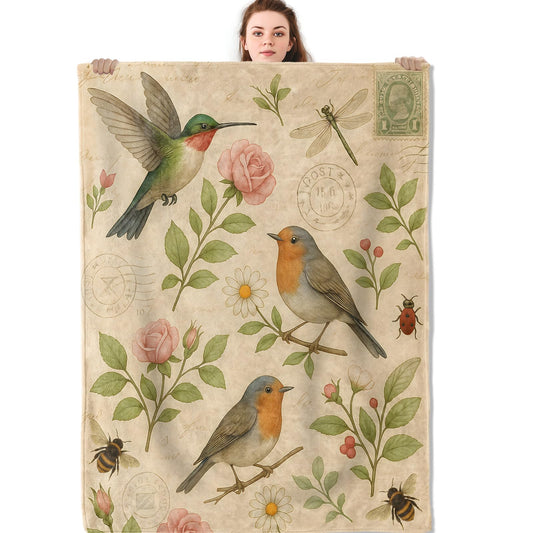 Mniedc Vintage Bird Floral Blanket, Botanical Nature Flannel Throw Blankets, 50"x60", Soft Warm Lightweight Fuzzy Cozy Throws for Couch Bed Sofa Camping Decorative Gifts for Women Teen Girls, Beige