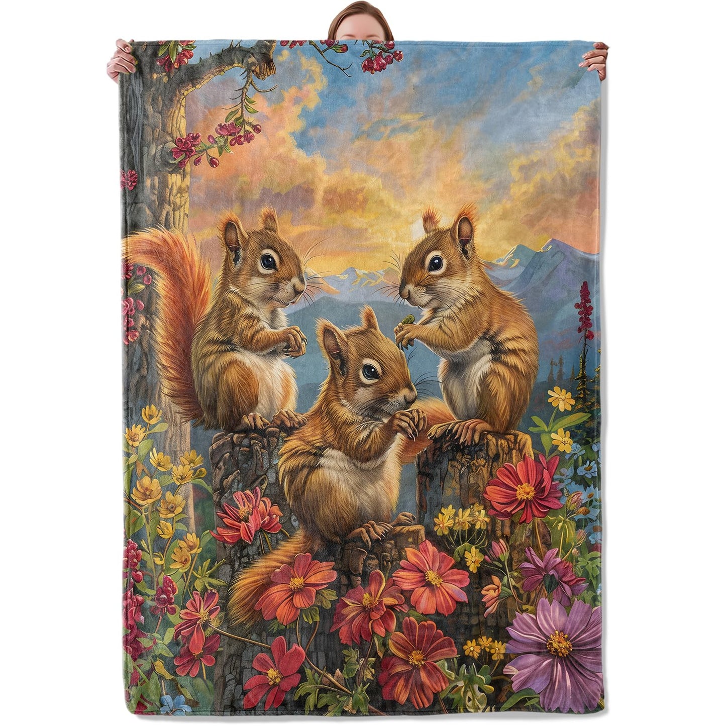 Squirrel Flower Blanket Gifts for Women Adults, Soft Warm Lightweight Flannel Throw Blankets for Camping Bedroom Living Room Home Sofa Travel Decor 50" x 60"