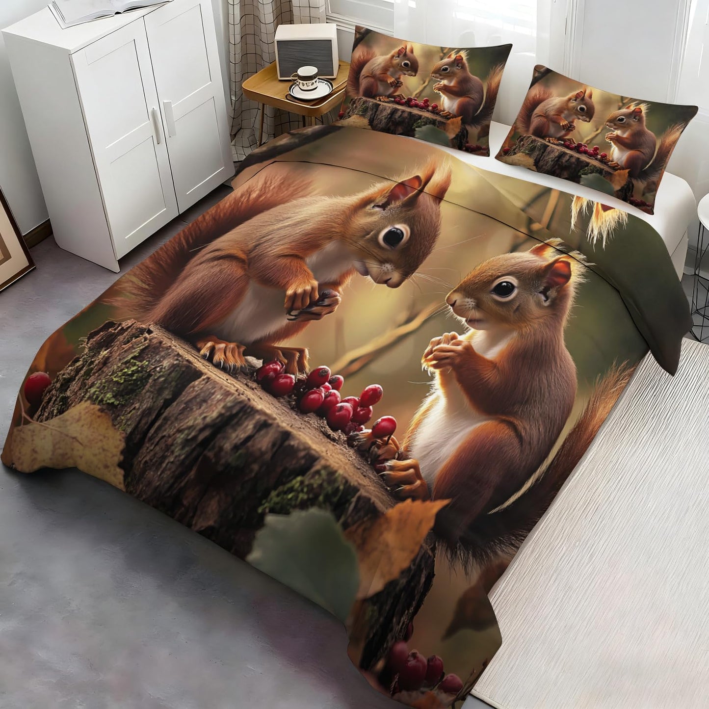 Squirrel Duvet Cover Twin Size, Squirrel Bedding Set 3 Piece, Animal Comforter Cover and 2 Pillow Sham with Zipper Closure 68" x86"