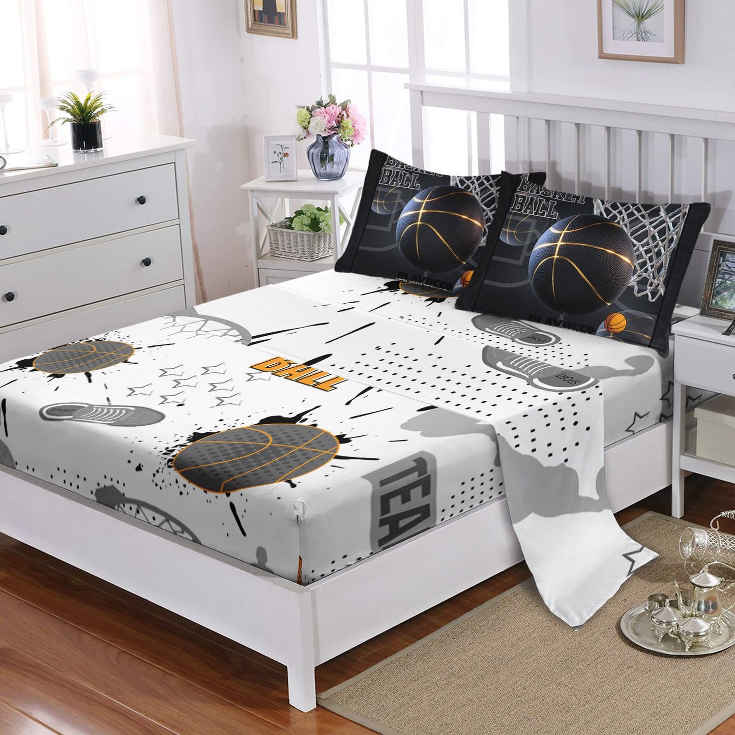 AILONEN Boys Black Basketball Comforter Set Full Size,7-Piece Soft Bed in a Bag,Sport Dunk Basketball Comforter & Fitted Sheet & Flat Sheet & 2 Pillowcases,2 Pillow Shams