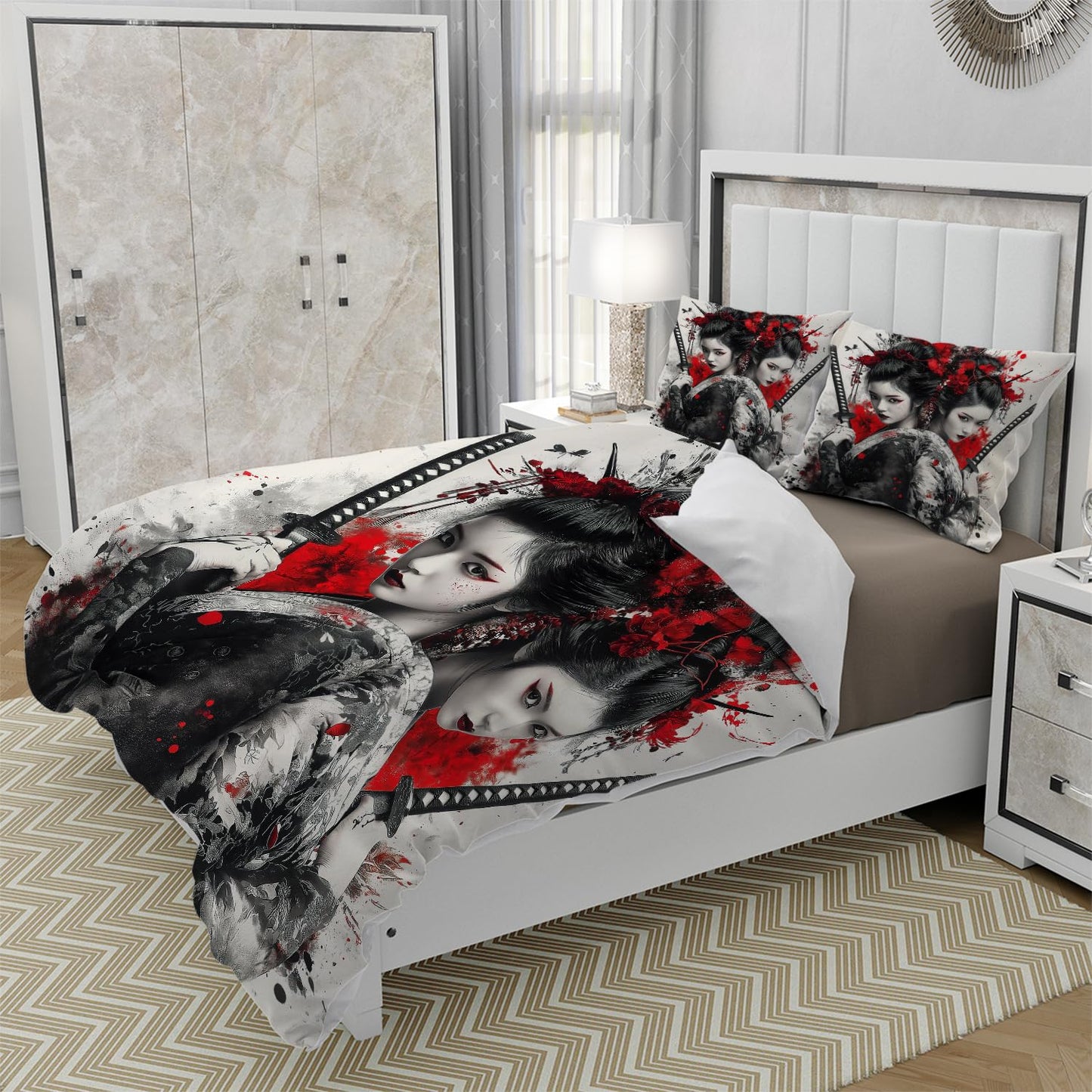 RICQLESC Sword Female Samurai Duvet Cover and 2 Pillow, Japanese Kimono Geisha Asian Sexy Women Anime Comforter Set, Kids Boys Girls Bedding 3 Pieces, King Size 104x90 inch