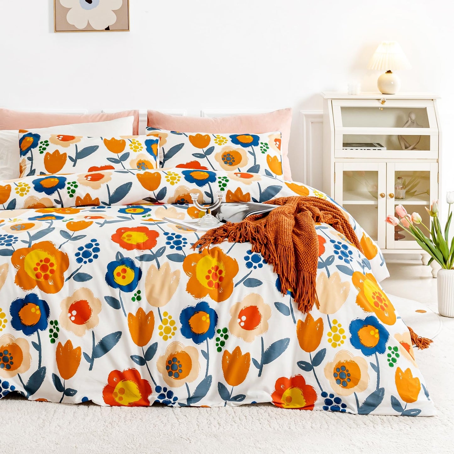 SUSYBAO Colorful Flower Duvet Cover Queen 100% Cotton 3 Pcs Set 1 Graffiti Cute Floral Duvet Cover with Zipper Ties 2 Pillowcases Kawaii Blue Orange Botanical Print Bedding Set Soft