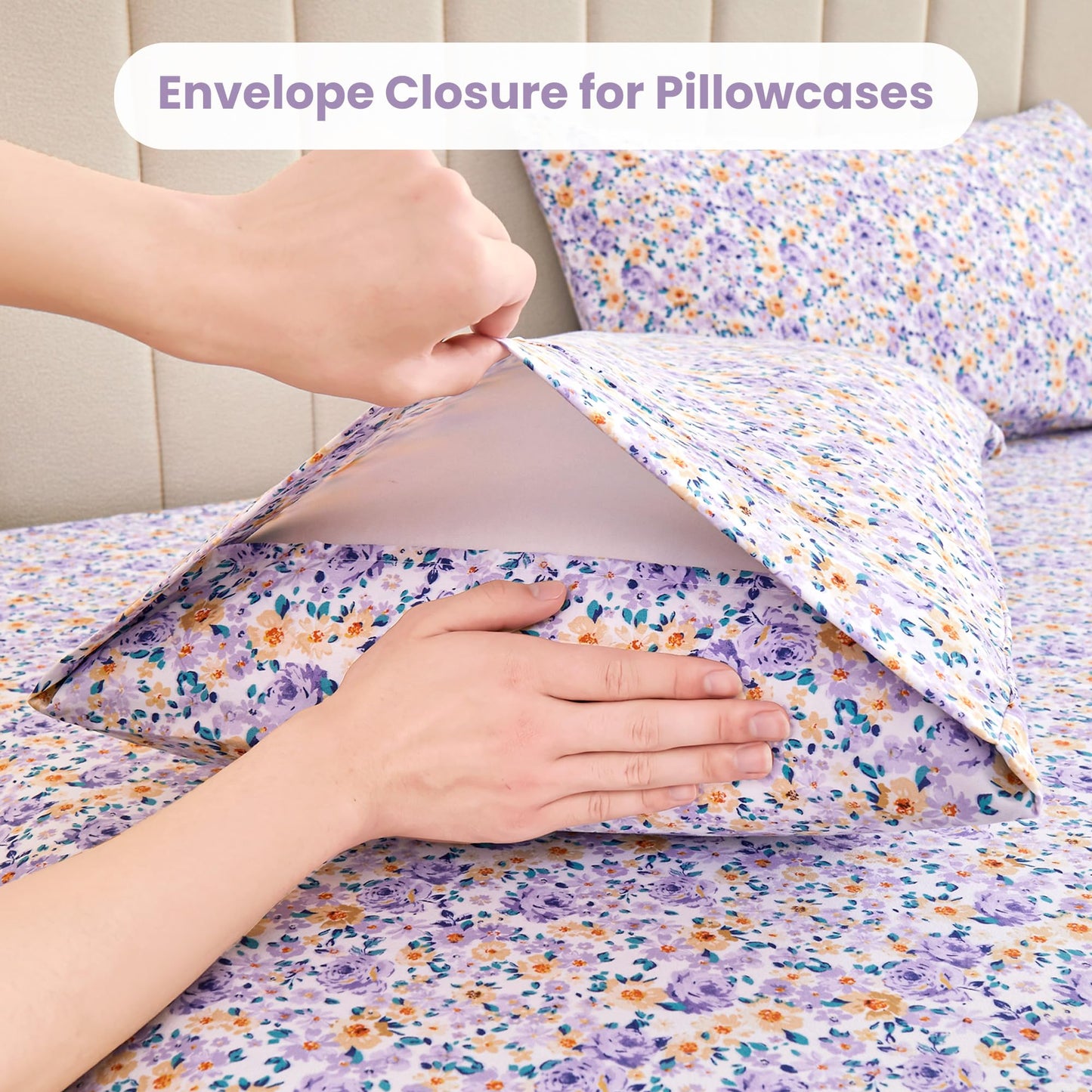 Mooreeke Floral Queen Bed Sheets, Soft Microfiber Printed Bedding Sheets & Pillowcases, Deep Pocket Non-Slip Vintage Queen Sheet, Purple Yellow Flower Pattern Bedsheets