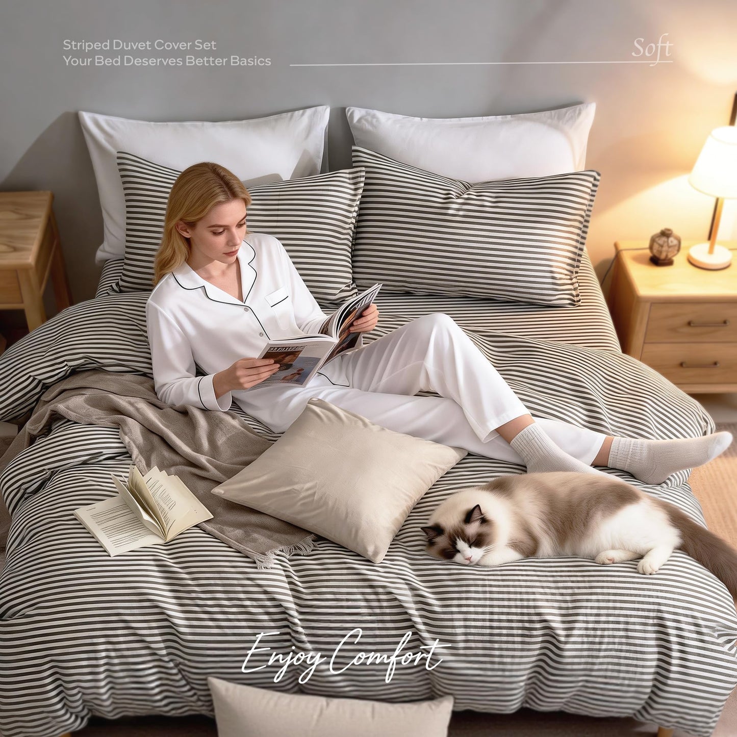 JELLYMONI 100% Natural Cotton 3pcs Striped Duvet Cover Sets,White Duvet Cover with Grey Stripes Pattern Printed Comforter Cover,with Zipper Closure & Corner Ties(Queen Size)