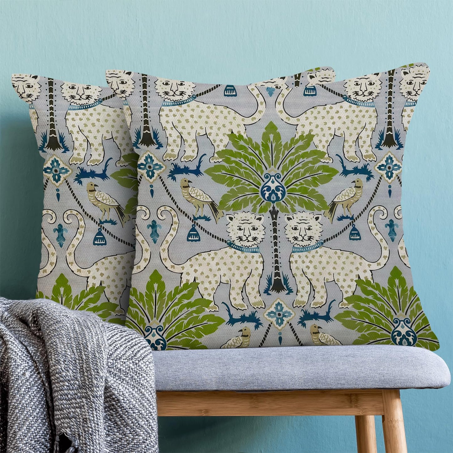 Sorktse Boho Pillow Covers 18x18 Inch Set of 2 Tropical Palm Tree Throw Pillows Blue Green Chinoiserie Asian Bird Animal Print Tiger Pillowcases Outdoor Decor Linen Cushion Covers for Sofa Cushion