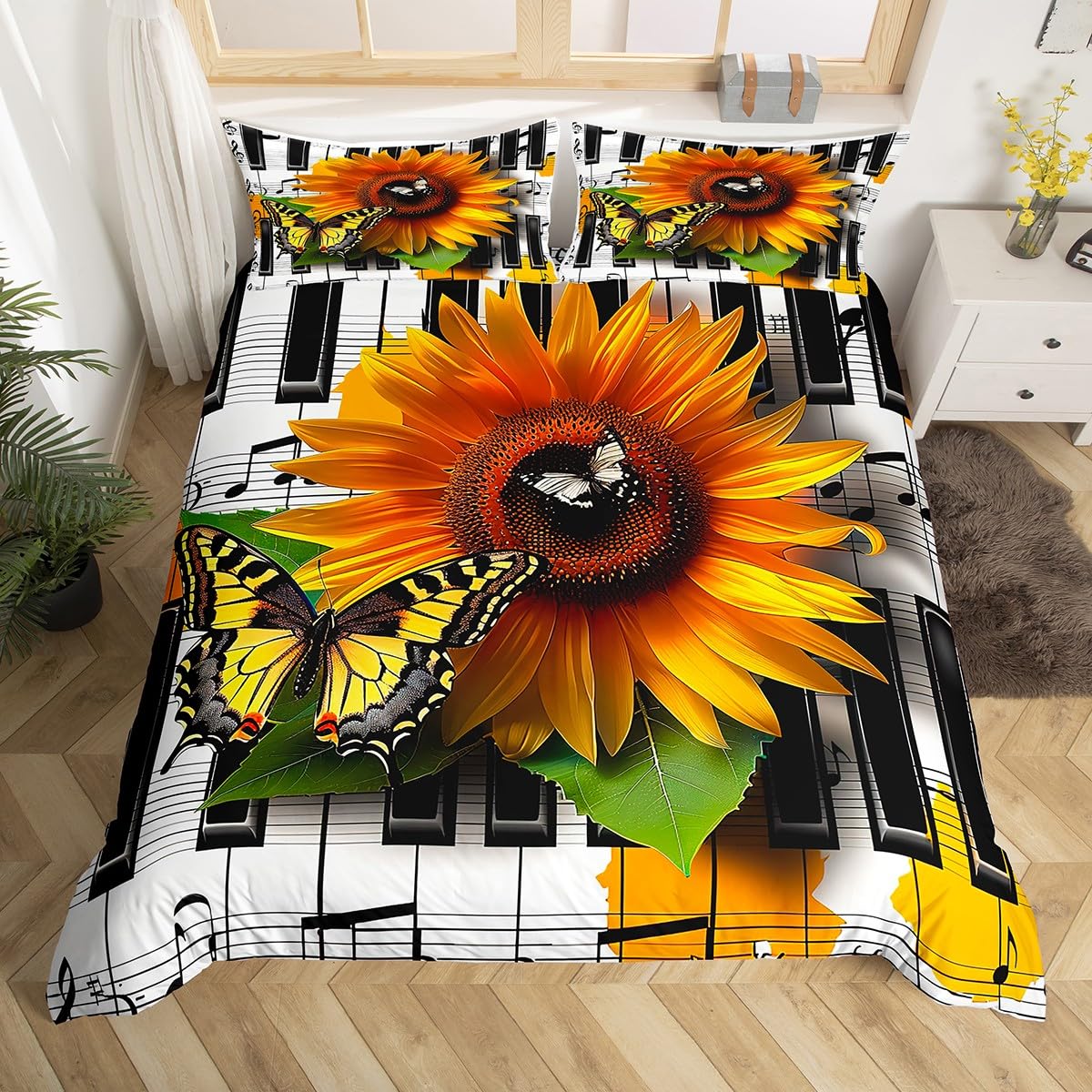 Manfei Sunflower Duvet Cover Set Queen Size, Yellow Flower Butterfly Bedding Set 3pcs for Kids Girls, Black White Musical Note Comforter Cover Music Theme Quilt Cover with 2 Pillowcases,No Comforter